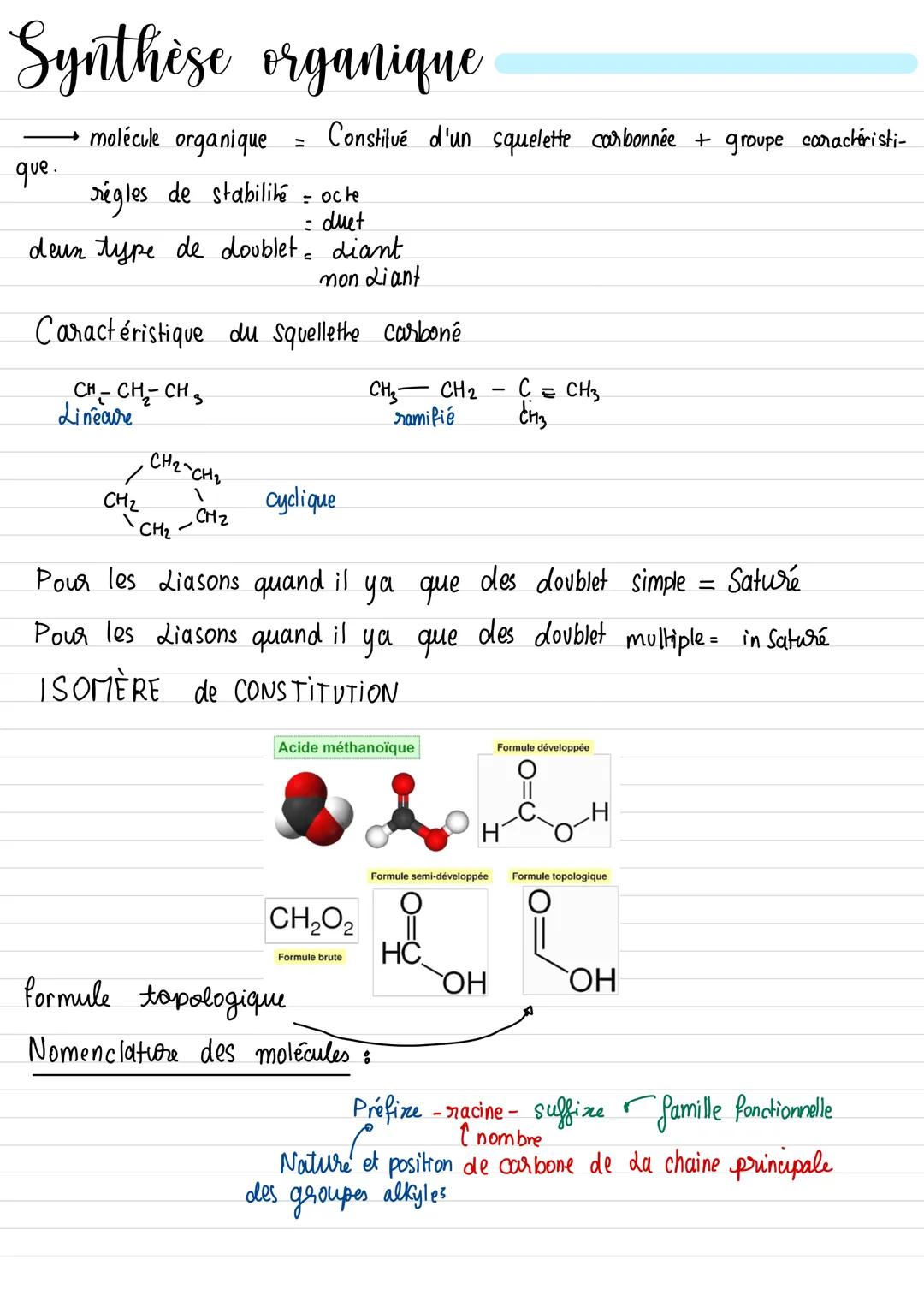  Synthèse organique
que.
→ molécule organique
Linecure
régles de stabilité
= oche
= duet
deun type de doublet diant
mon Liant
Caractéristiqu