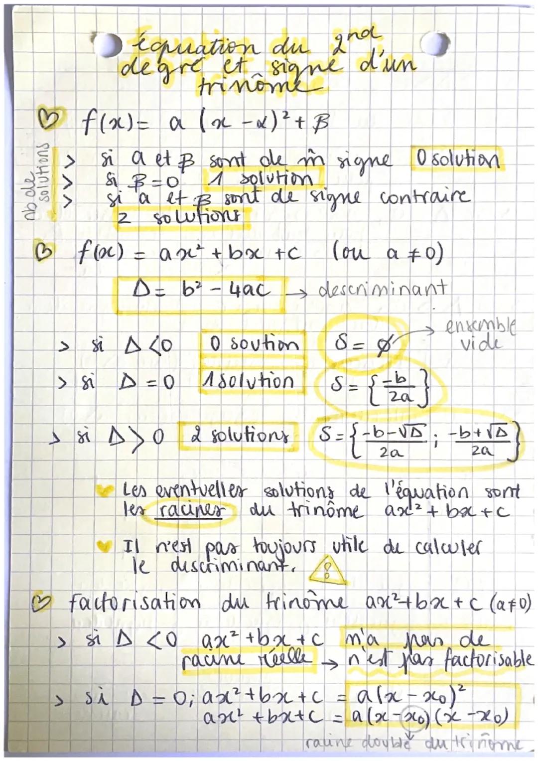 Solutions
это ди
♡ f(x)= a (x − x)² + B
équation du 2nd
degre et signe
trinosigne d'un
^^^
si a et & sont de in signe Osolution
S₁3=0
1
solu