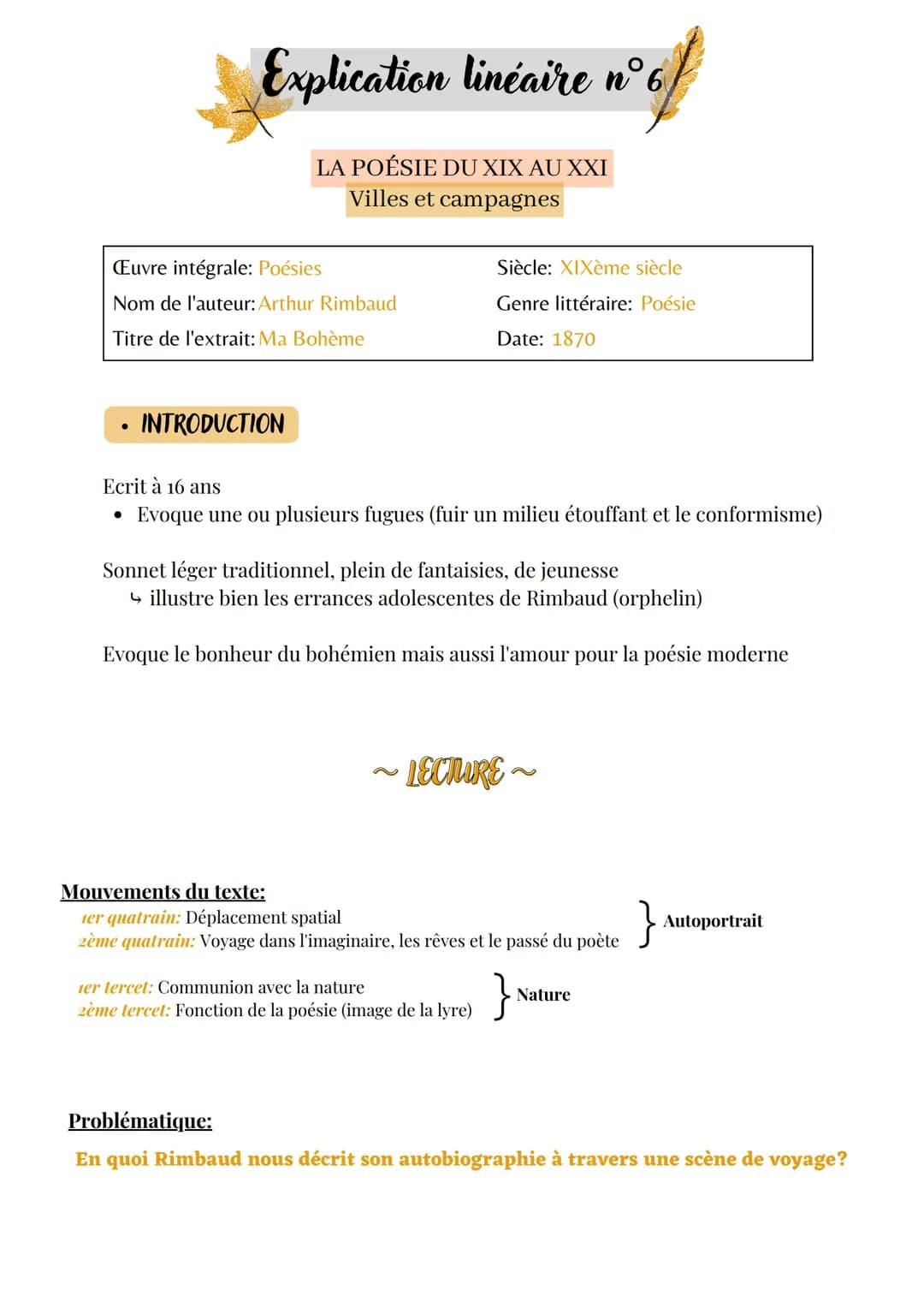 Explication linéaire n° 6
LA POÉSIE DU XIX AU XXI
Villes et campagnes
Œuvre intégrale: Poésies
Nom de l'auteur: Arthur Rimbaud
Titre de l'ex