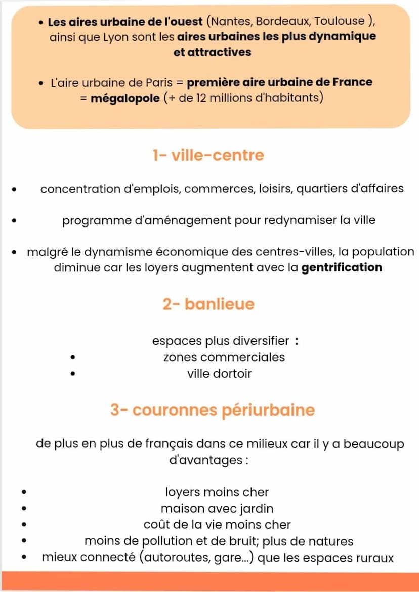 Geographie
Les aires urbaine en france
mobilité pendulaire
espaces ruraux
couronne périurbaine
banlieue
ville-centre
ville centre + banlieue
