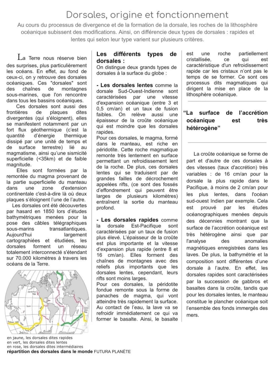 Dorsales, origine et fonctionnement
Au cours du processus de divergence et de la formation de la dorsale, les roches de la lithosphère
océan