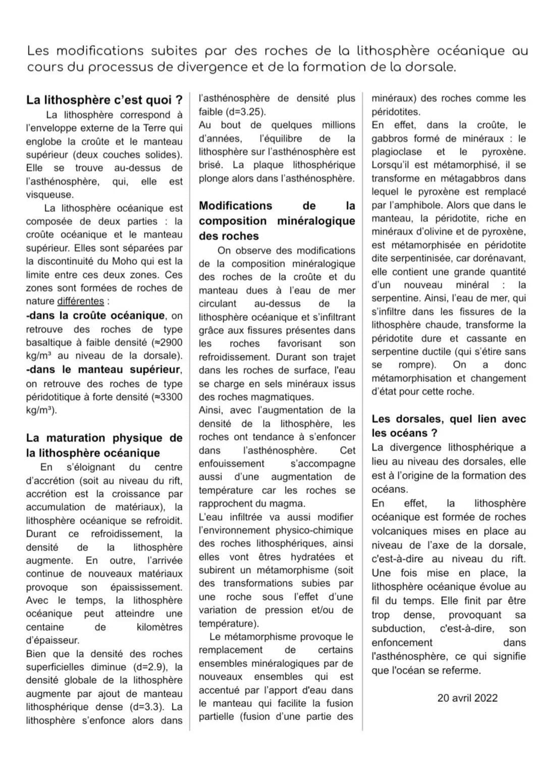 Dorsales, origine et fonctionnement
Au cours du processus de divergence et de la formation de la dorsale, les roches de la lithosphère
océan