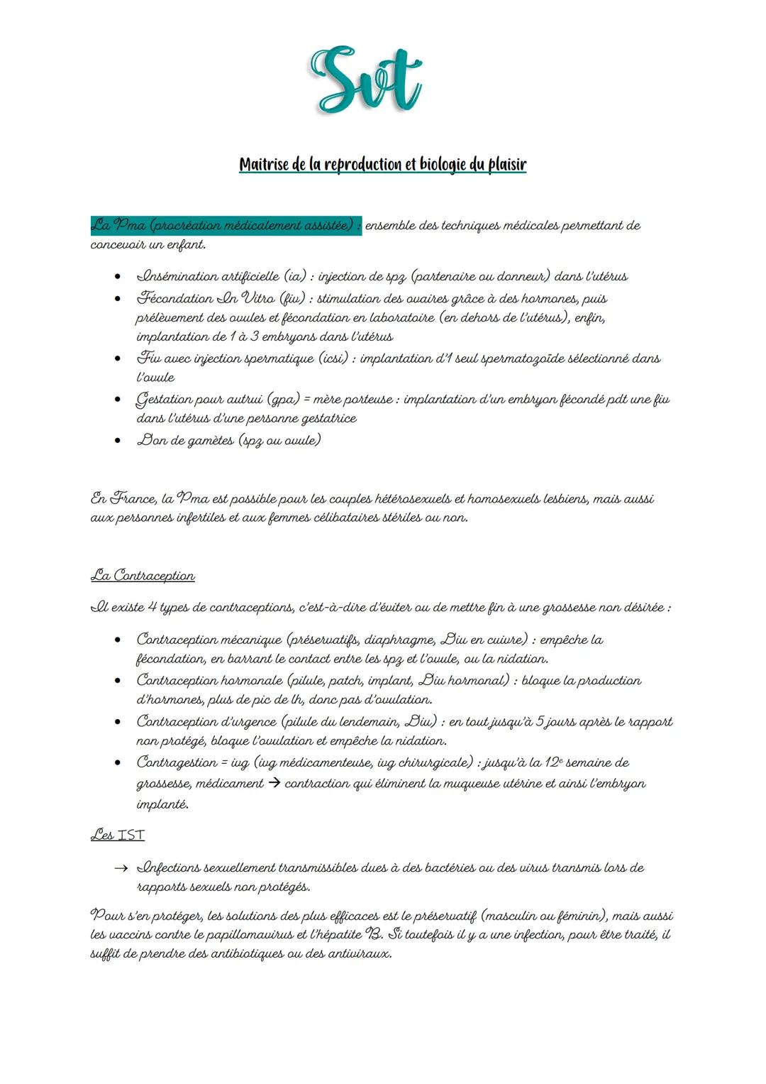 ●
La Pma (procréation médicalement assistée): ensemble des techniques médicales permettant de
concevoir un enfant.
●
●
Sut
●
Maitrise de la 