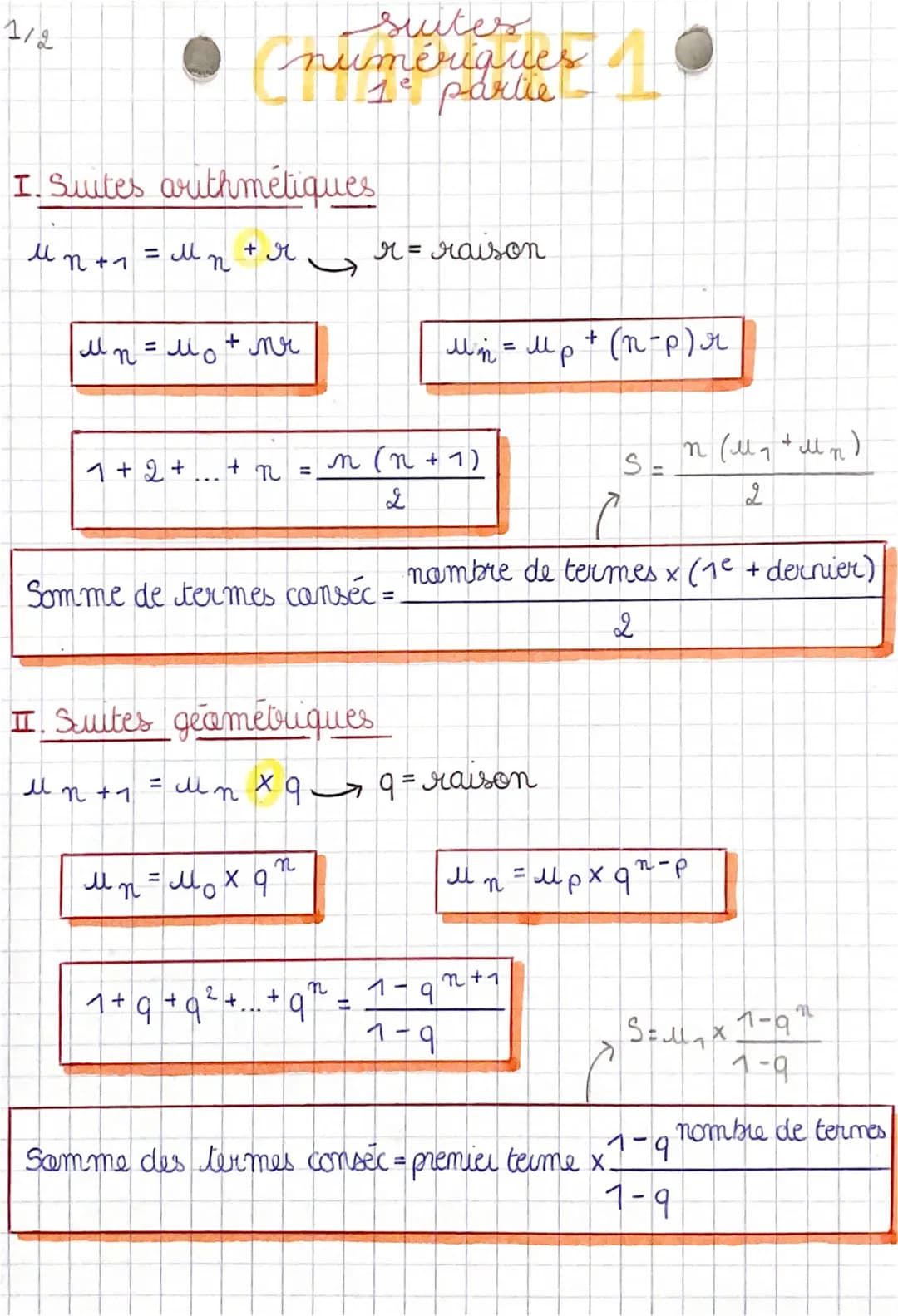 1/2
I. Suites arithmétiques
+₁ = Mn
+ r
un +1
ll
(numériques
partie
・n = μ₁
+ мя
1 + 2 + ... + n
=
r = raison
n
Mn = M₁ x 9"
n(n+1)
2
II Sui