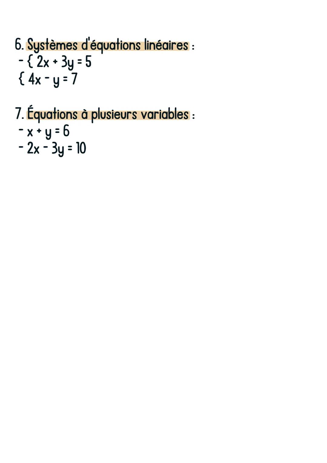 # Maths
Equations
@avoirsonbrevet
1. Équations du premier degré :
- ax + b = 0 (où a et b sont des nombres donnés)
- 2x - 5 = 7

2. Équation