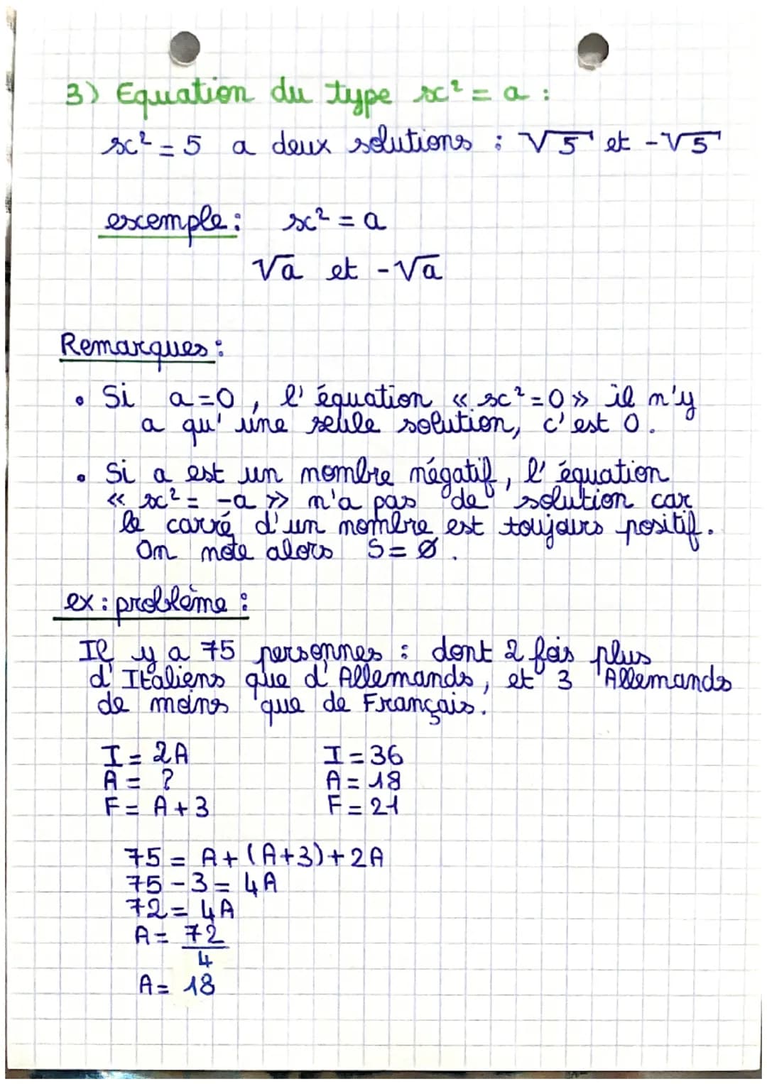 1) une seule inconnue:
Résolution de l'équation : 4x +3=0
on isole les sc: 4 x = -3
on divise par le coefficient de sc,
ici 4 : x = -3
ou x 