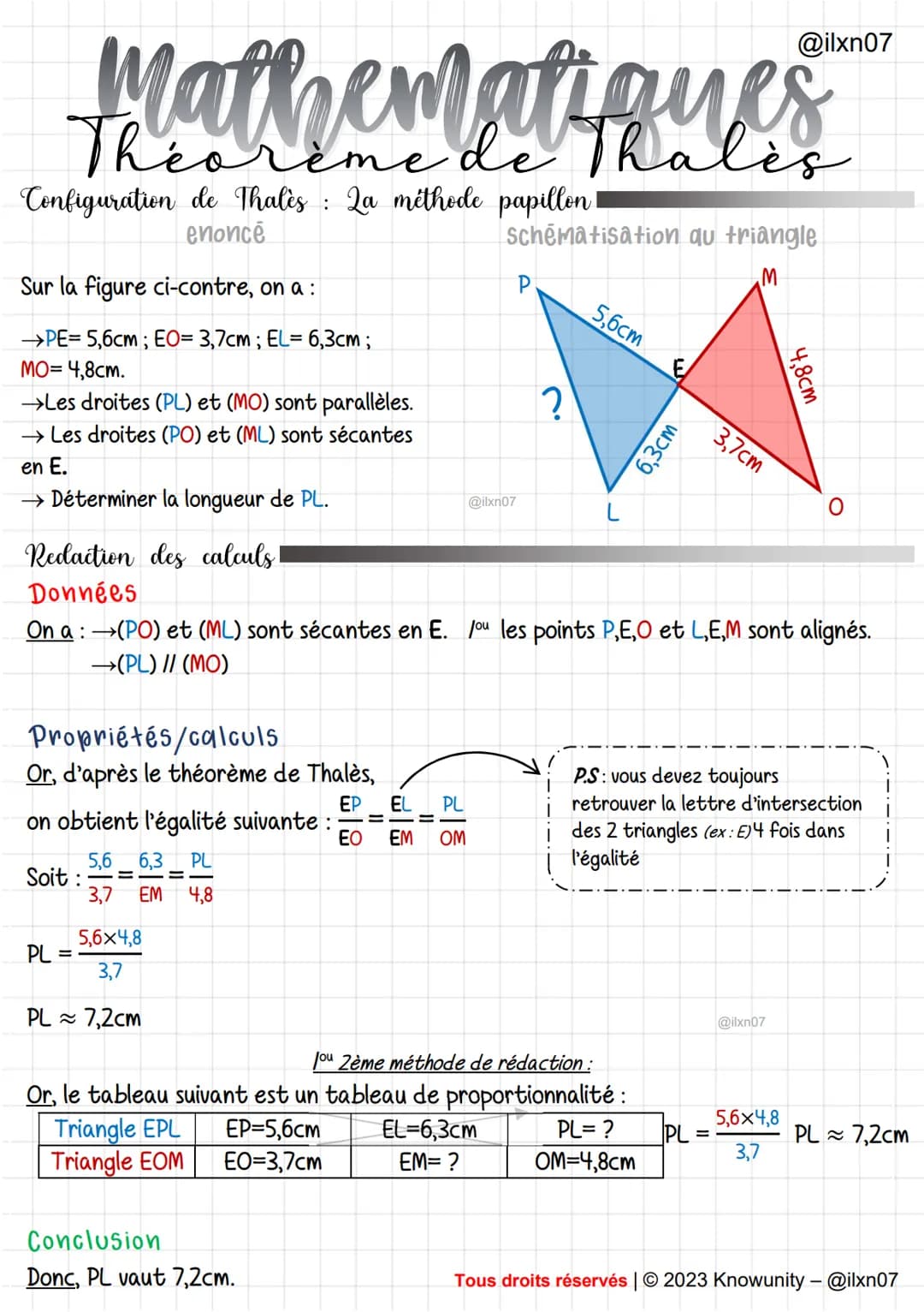 Theoreme de Thales
Configuration de Thales : La méthode papillon !
enonce
Sur la figure ci-contre, on a :
→PE= 5,6cm; EO= 3,7cm ; EL= 6,3cm 