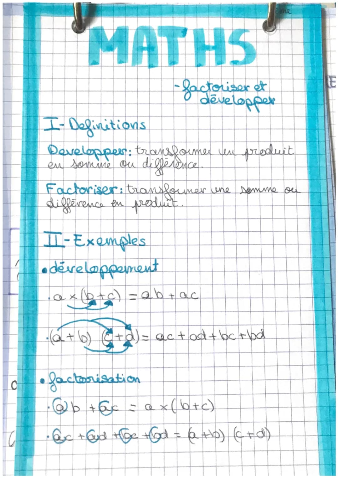C
me
MATHS
I-Definitions
-factoriser et
développer
Developper: transformer in product
ем somime
Ди
difference.
Factoriser: transformer une s