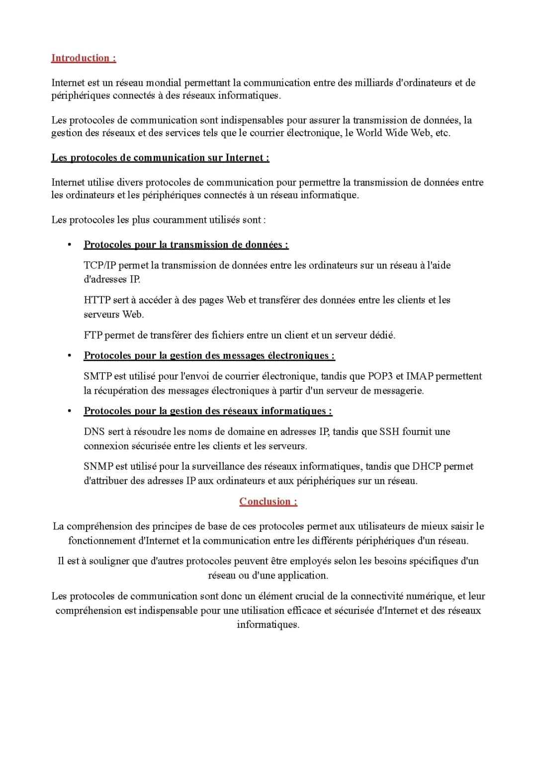 Les différents protocoles informatique. 