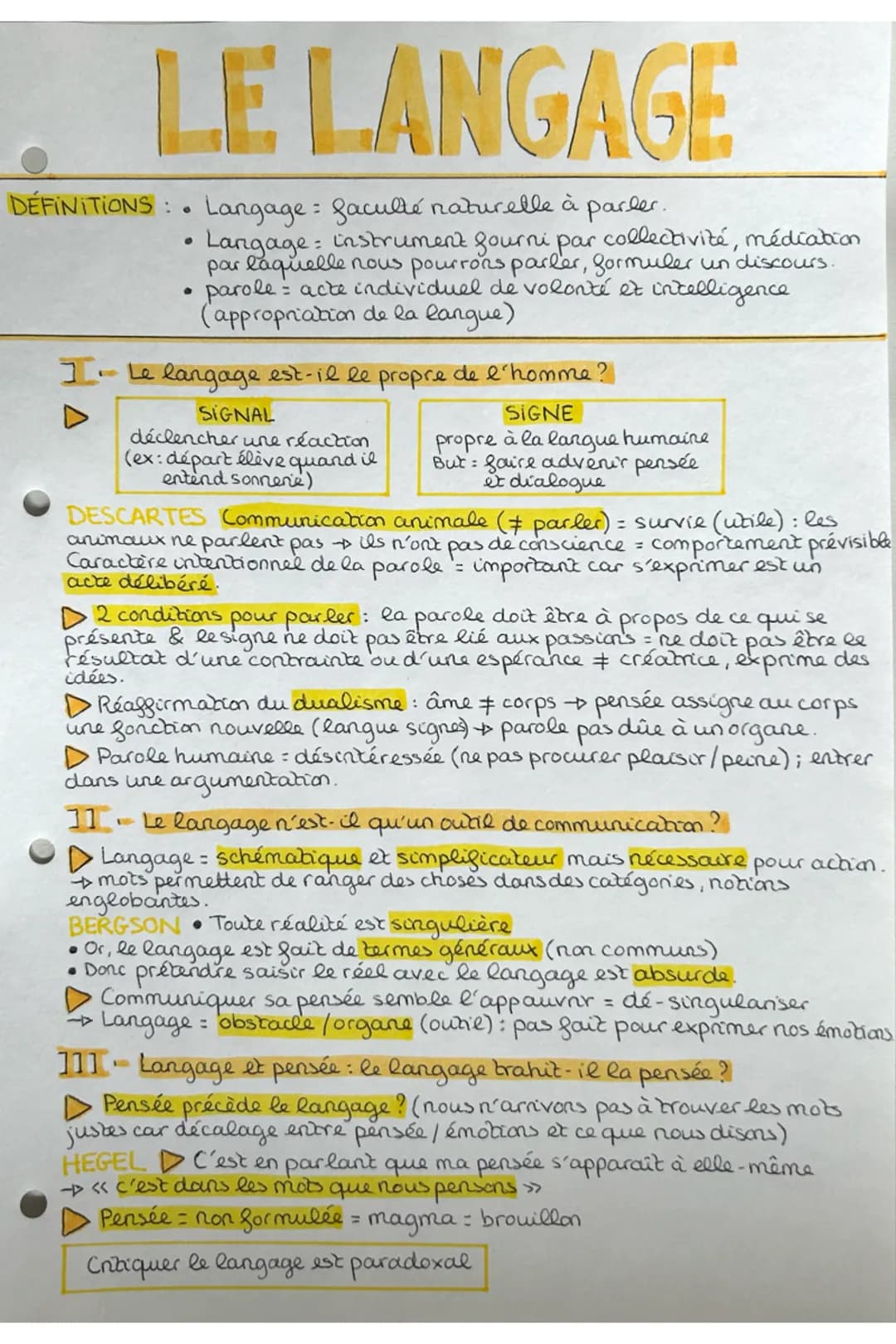 LE LANGAGE
DÉFINITIONS: Langage: faculté naturelle à parler.
●
Langage instrument fourni par collectivité, médiation
par laquelle nous pourr