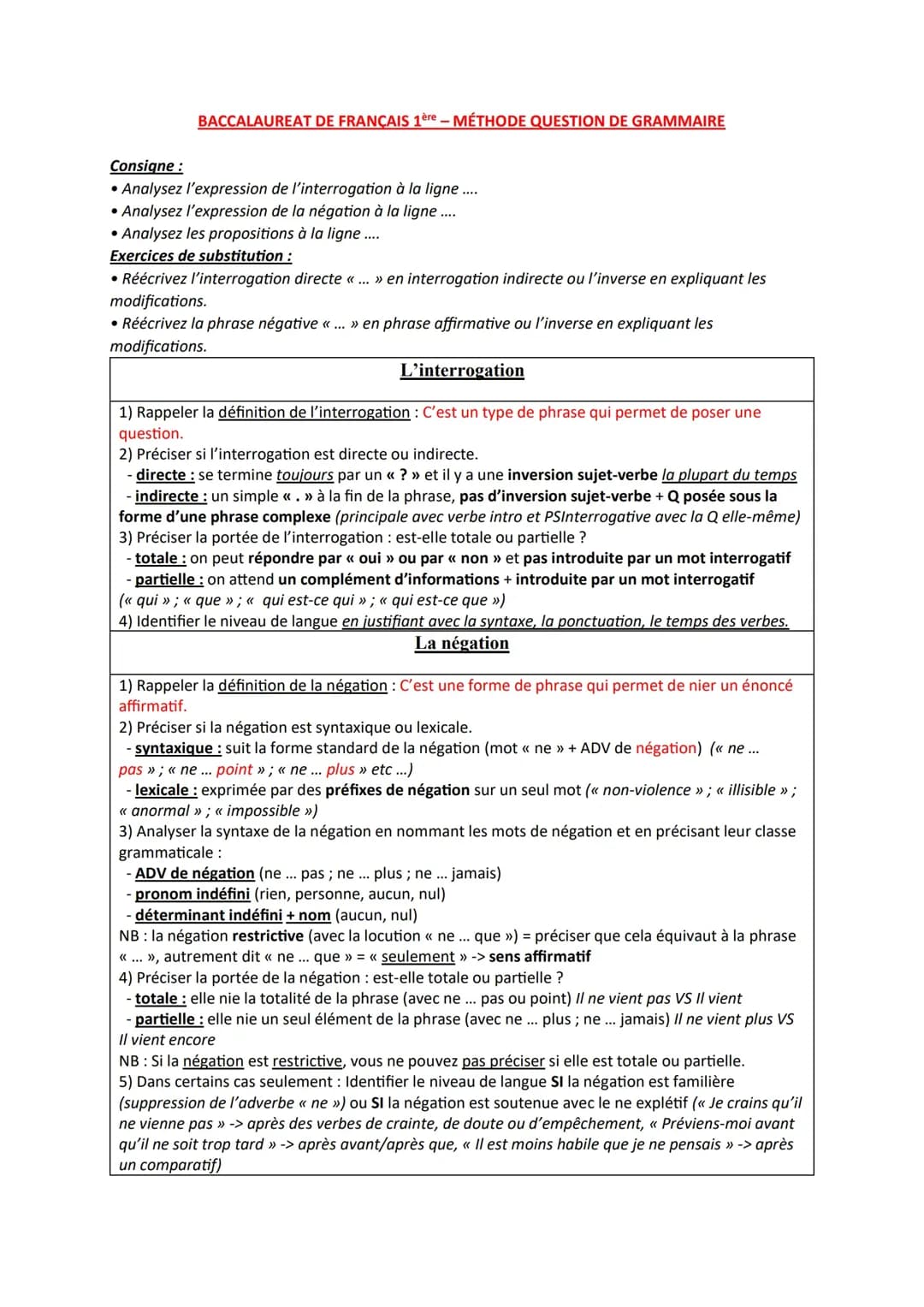 BAC de Français - Question de Grammaire