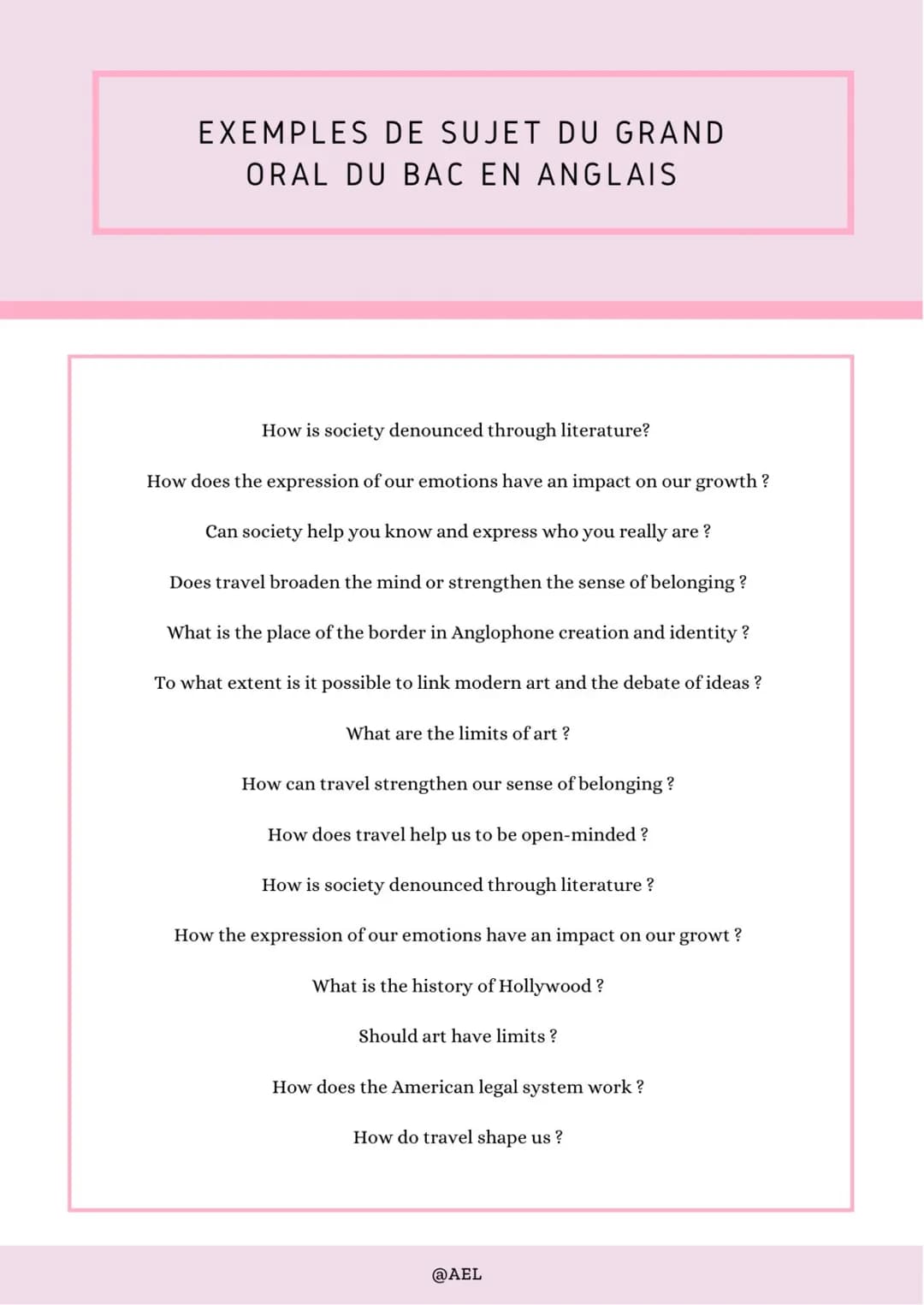 EXEMPLES DE SUJET DU GRAND
ORAL DU BAC EN ANGLAIS
How is society denounced through literature?
How does the expression of our emotions have 
