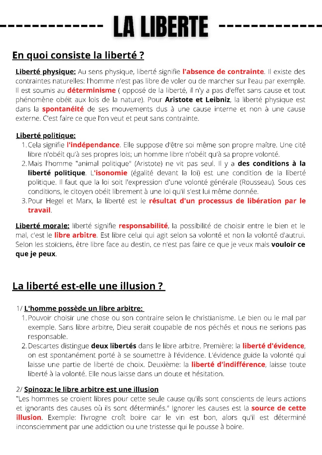 La liberté en Philosophie Terminale - Fiche de Révision et Dissertation PDF