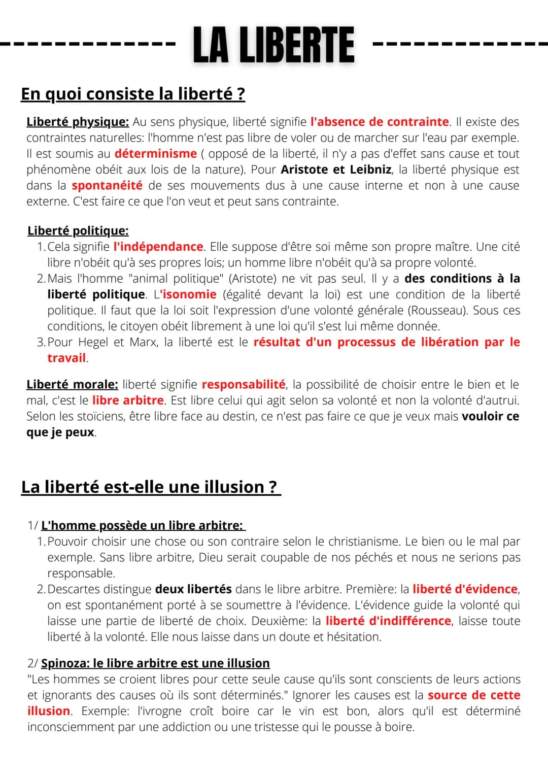LA LIBERTE
En quoi consiste la liberté ?
Liberté physique: Au sens physique, liberté signifie l'absence de contrainte. Il existe des
contrai