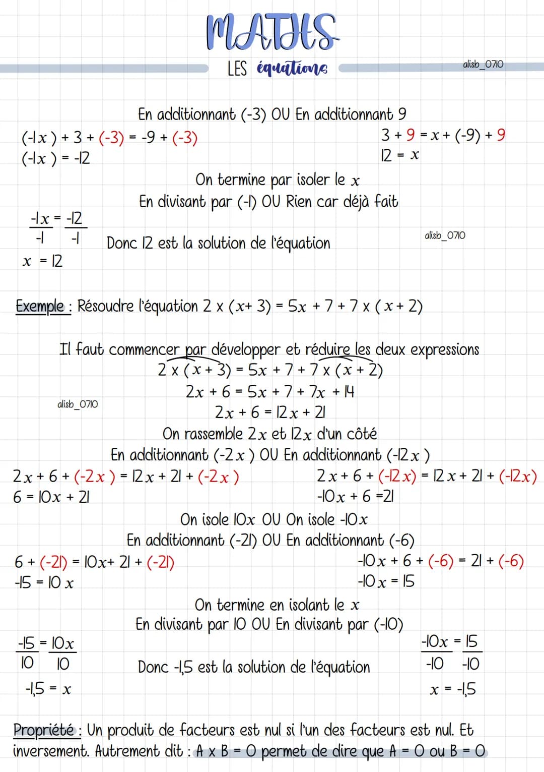 MATHS
LES équations
Définition: Une équation est une égalité entre deux expressions littérales.
x est appelé inconnue dans l'équation.
Résou