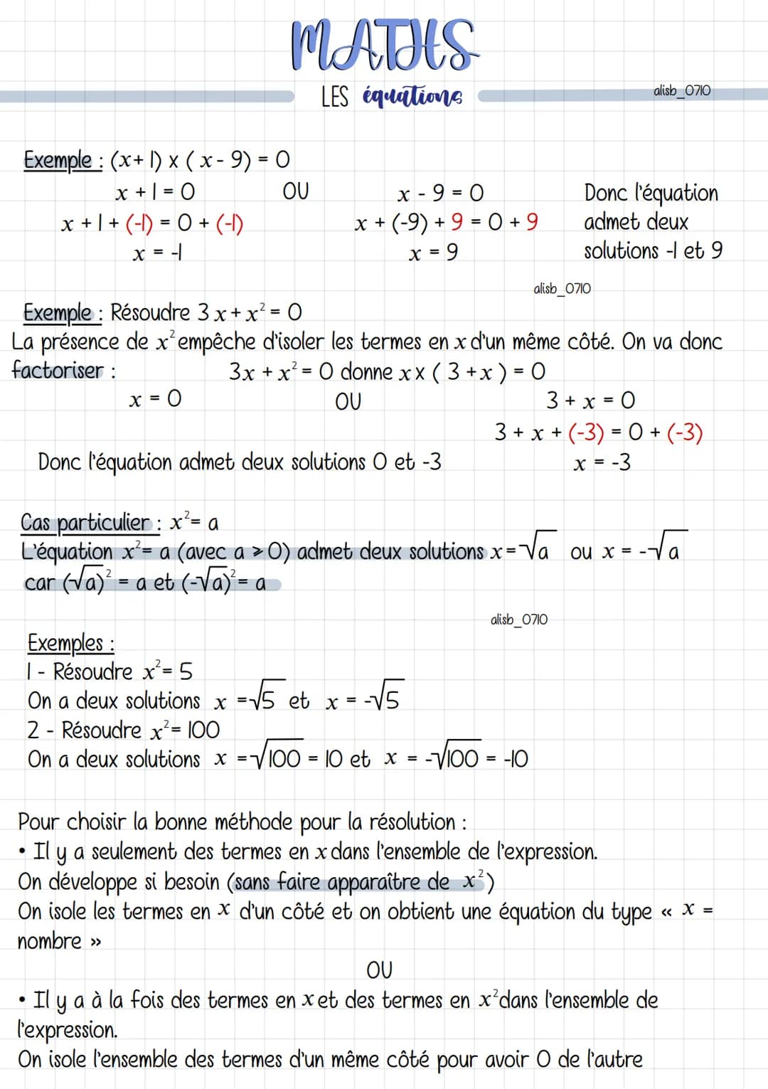 MATHS
LES équations
Définition: Une équation est une égalité entre deux expressions littérales.
x est appelé inconnue dans l'équation.
Résou