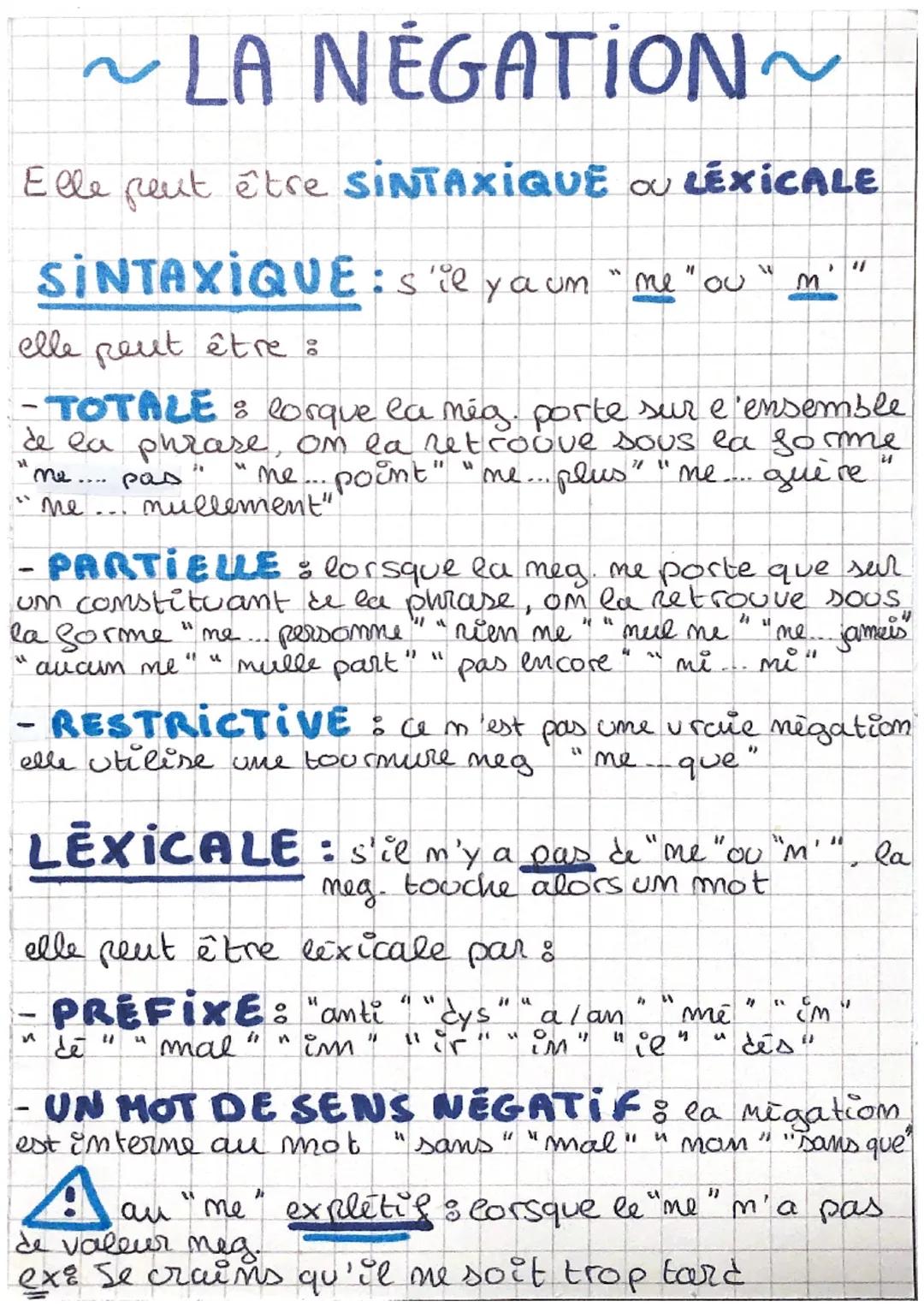 ~ LA NÉGATION~

Elle peut être SINTAXIQUE OU LEXICALE

W
SINTAXIQUE: s'il ya um "me" ou "m" "
elle peut être :
-TOTALE : lorque la még. port