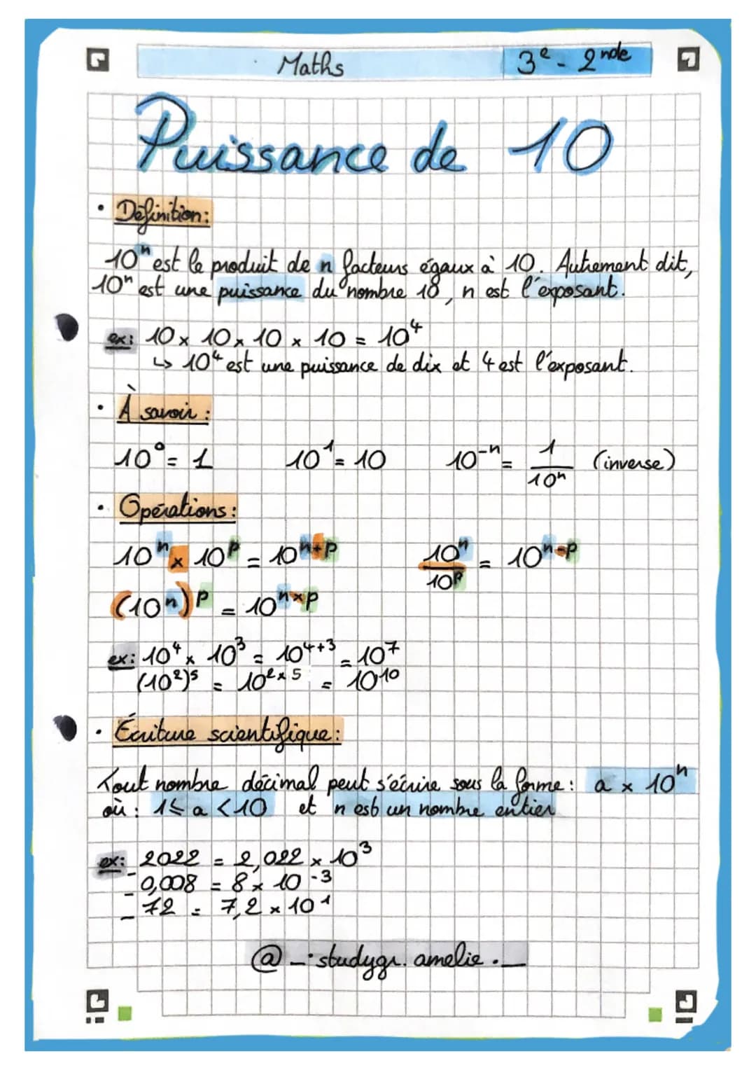 Maths
3²- 2nde
Puissance de 10
• Definition:
10th est le produit de n facteurs égaux à 10. Autrement dit,
10" est une puissance du nombre 18