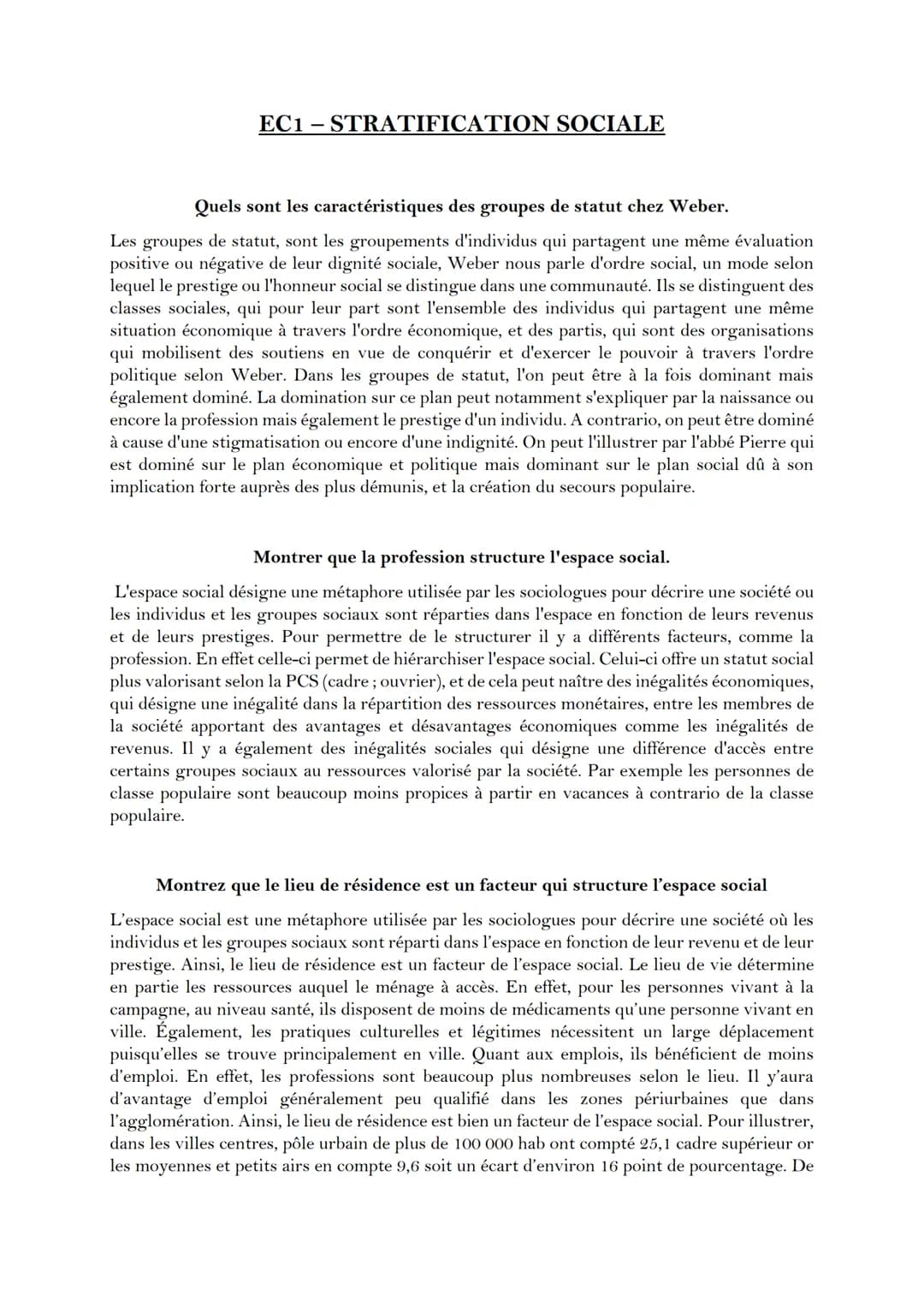 EC1-STRATIFICATION SOCIALE
Quels sont les caractéristiques des groupes de statut chez Weber.
Les groupes de statut, sont les groupements d'i