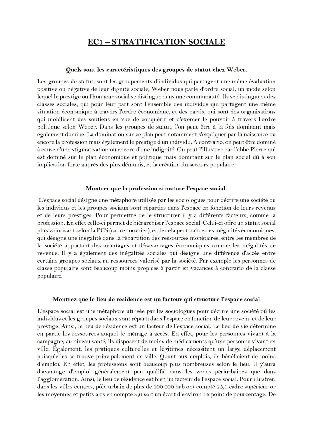 EC1-STRATIFICATION SOCIALE
Quels sont les caractéristiques des groupes de statut chez Weber.
Les groupes de statut, sont les groupements d'i