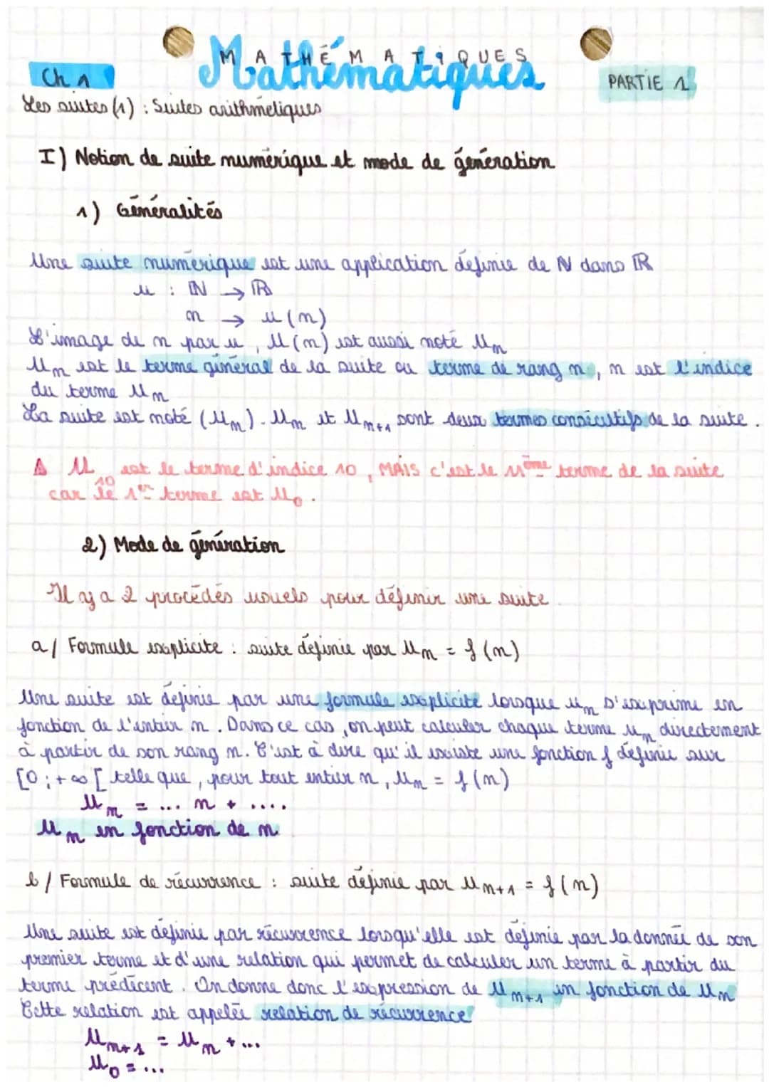 Cha
Mathématiques
Les suites (1): Suites arithmetiques
I) Notion de suite numérique et mode de generation
1) Généralités
Une suite numerique