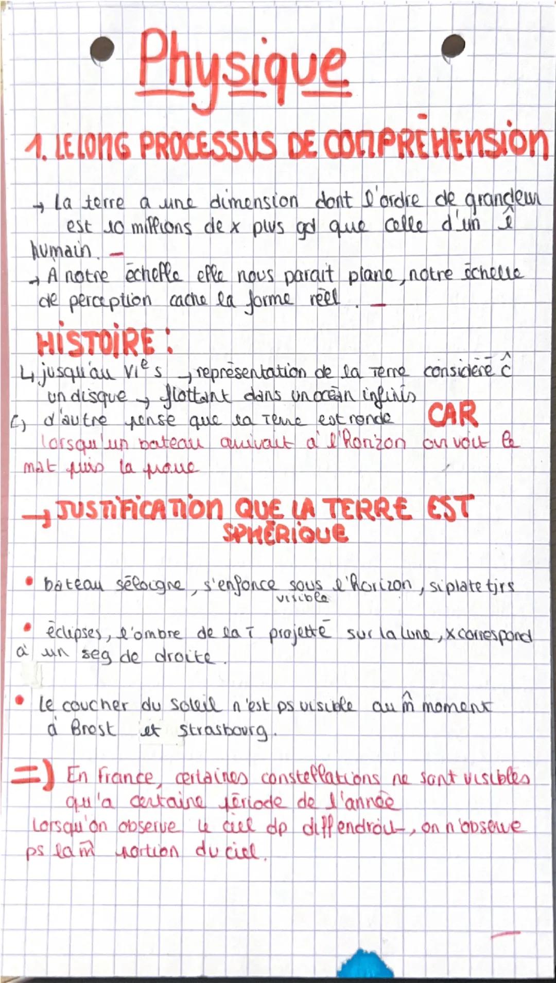 # Physique

1. LE LONG PROCESSUS DE COMPRÉHENSION

→ La terre a une dimension dont l'ordre de grandeur
est 10 millions de x plus gd que cell