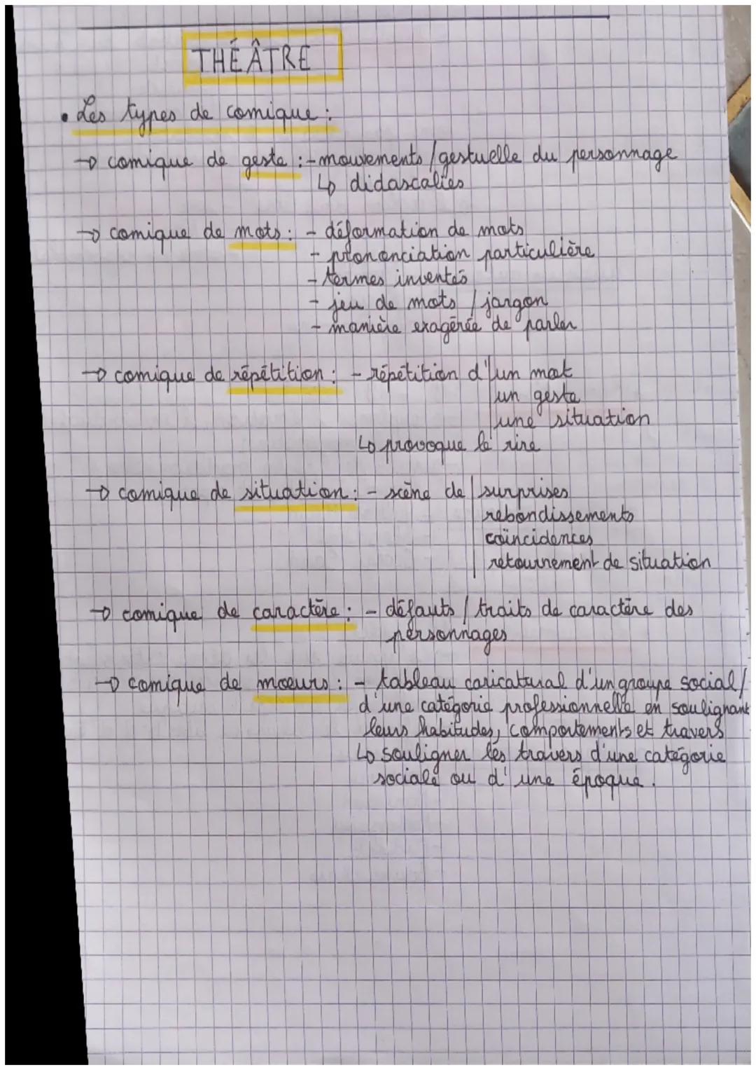 THÉÂTRE

• Les types de comique:
→ comique de geste : -movements/gestuelle du personnage
Lo didascalies
→ comique de mots: - déformation de 