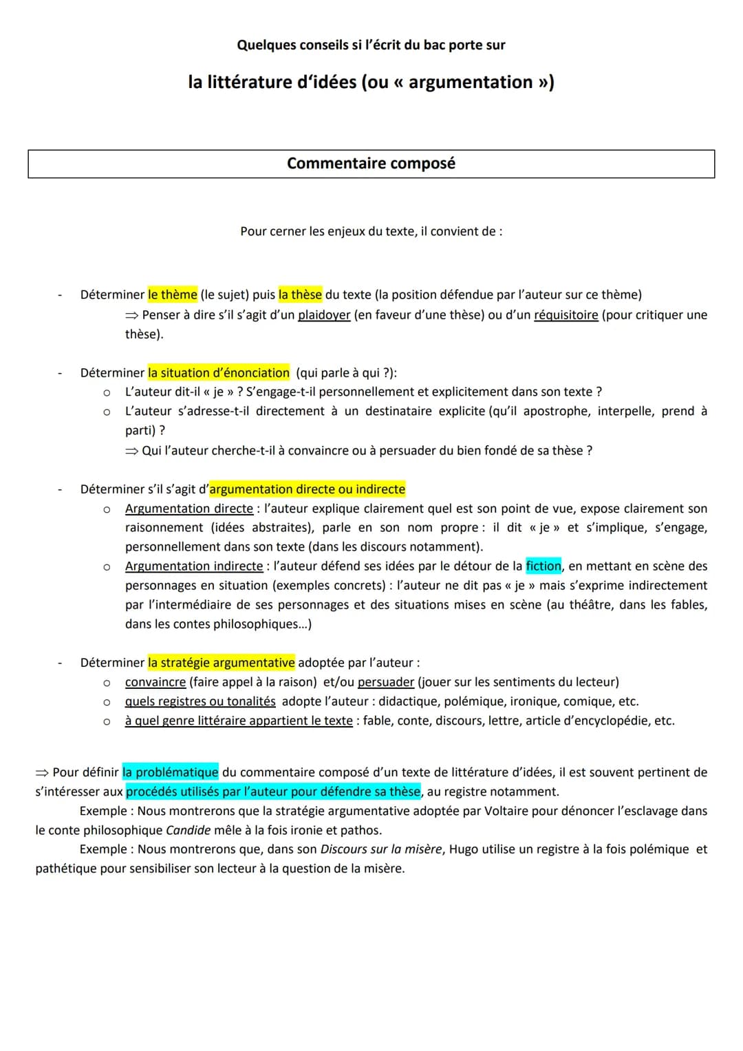 Quelques conseils si l'écrit du bac porte sur
la littérature d'idées (ou « argumentation >>)
Commentaire composé
Pour cerner les enjeux du t