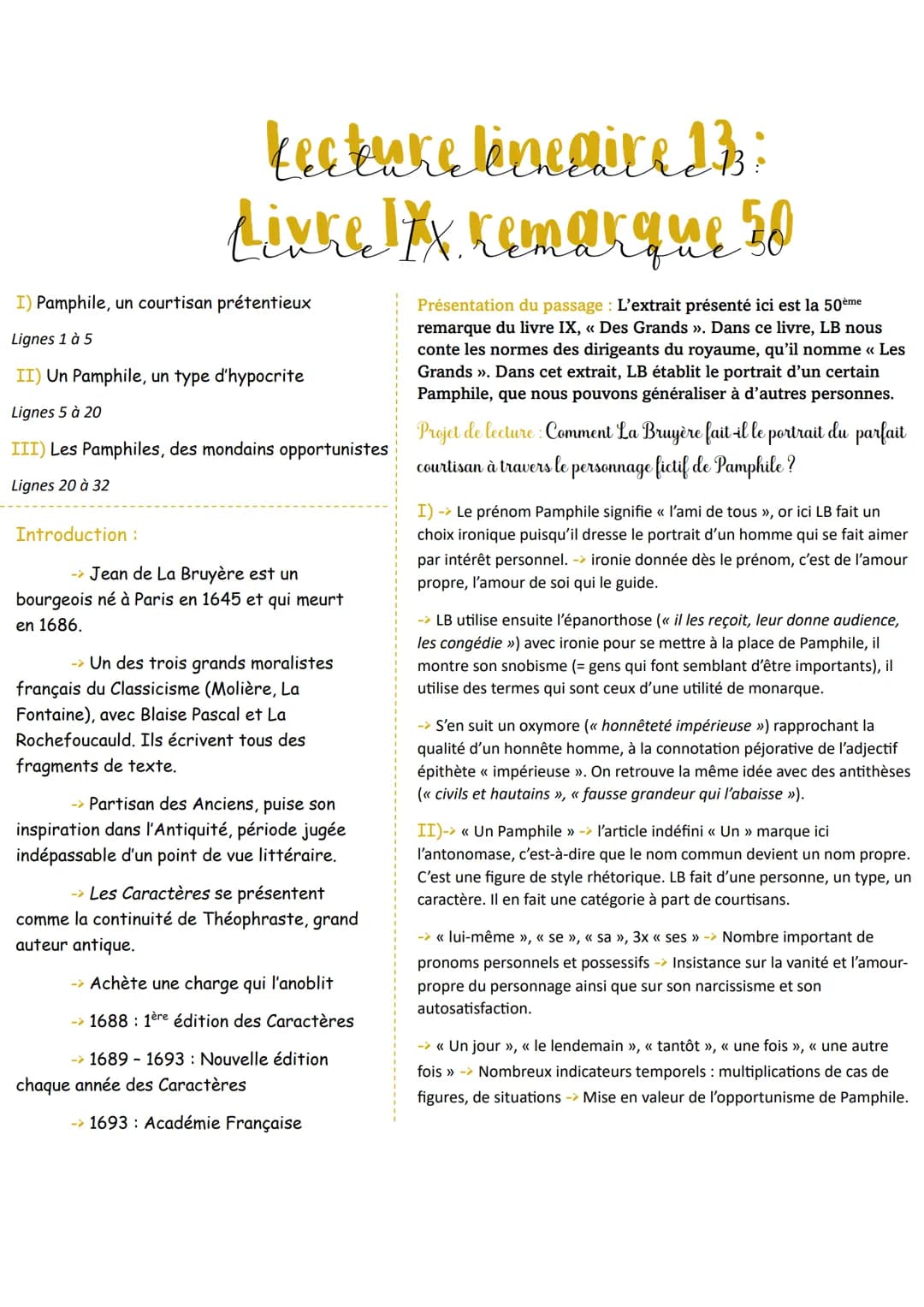 kecture lineaire 13:
Livre IXX remarque 50
I) Pamphile, un courtisan prétentieux
Lignes 1 à 5
II) Un Pamphile, un type d'hypocrite
Lignes 5 