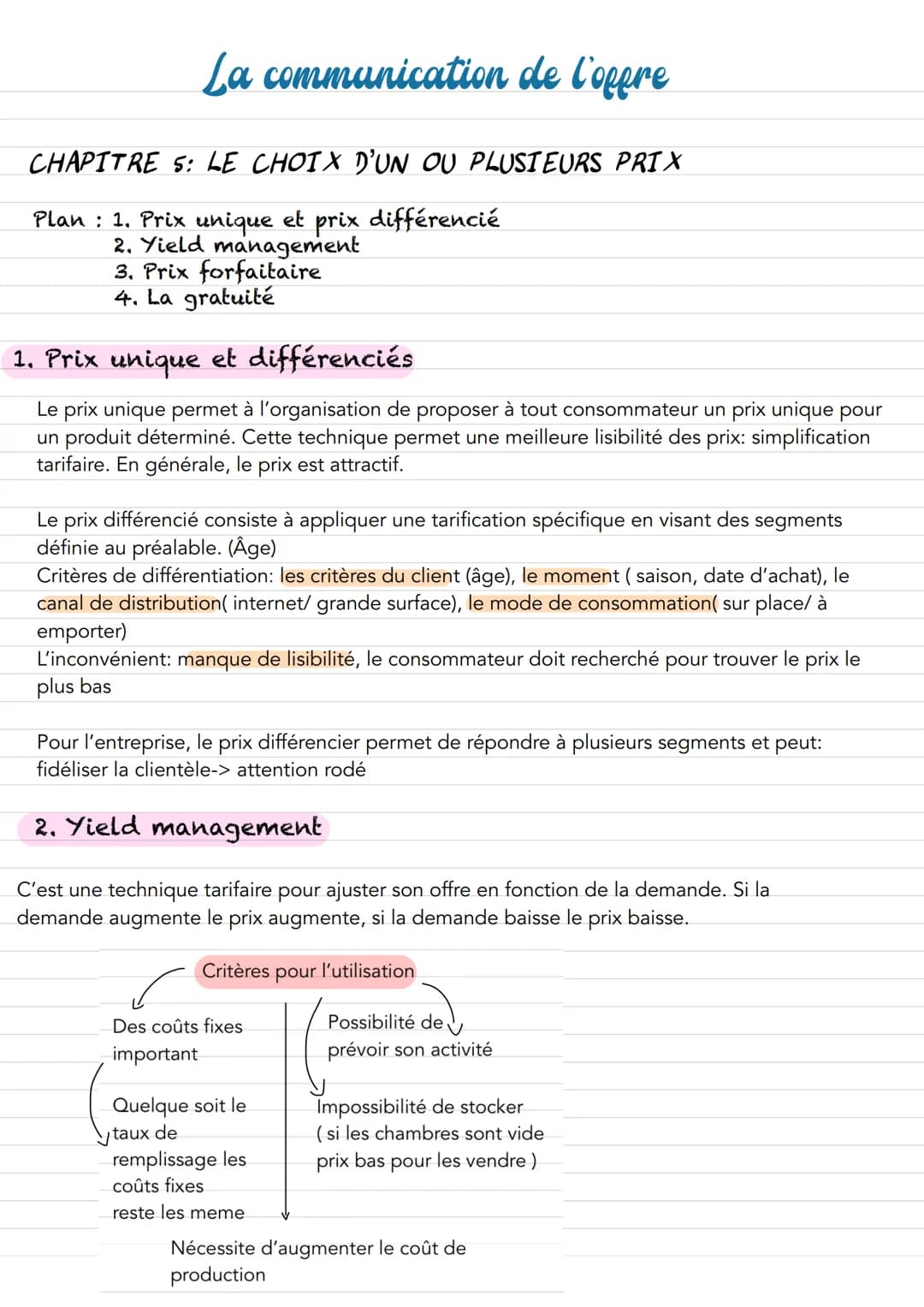  La communication de l'offre
CHAPITRE 5: LE CHOIX D'UN OU PLUSIEURS PRIX
Plan : 1. Prix unique et prix différencié
2. Yield management
3. Pr
