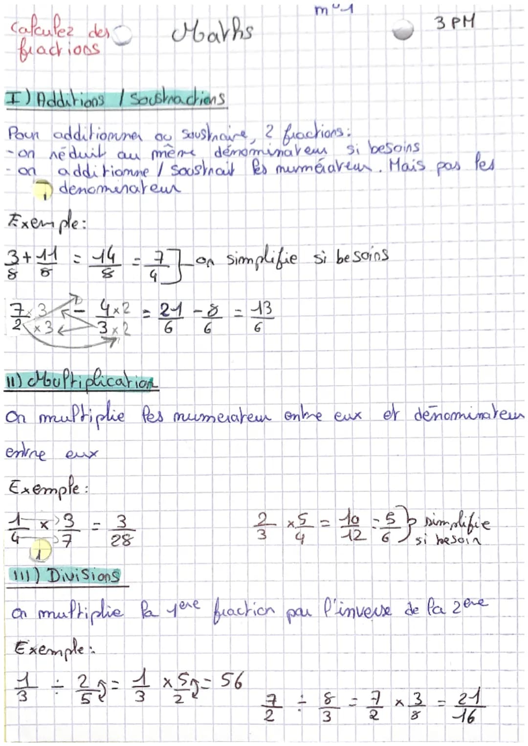 calculez des
fractions
Exemple:
3+11=44
I) Additions / Sousha chiens
Pour additionner ou soustraire, 2 fractions:
-0
on réduit au mère dénom