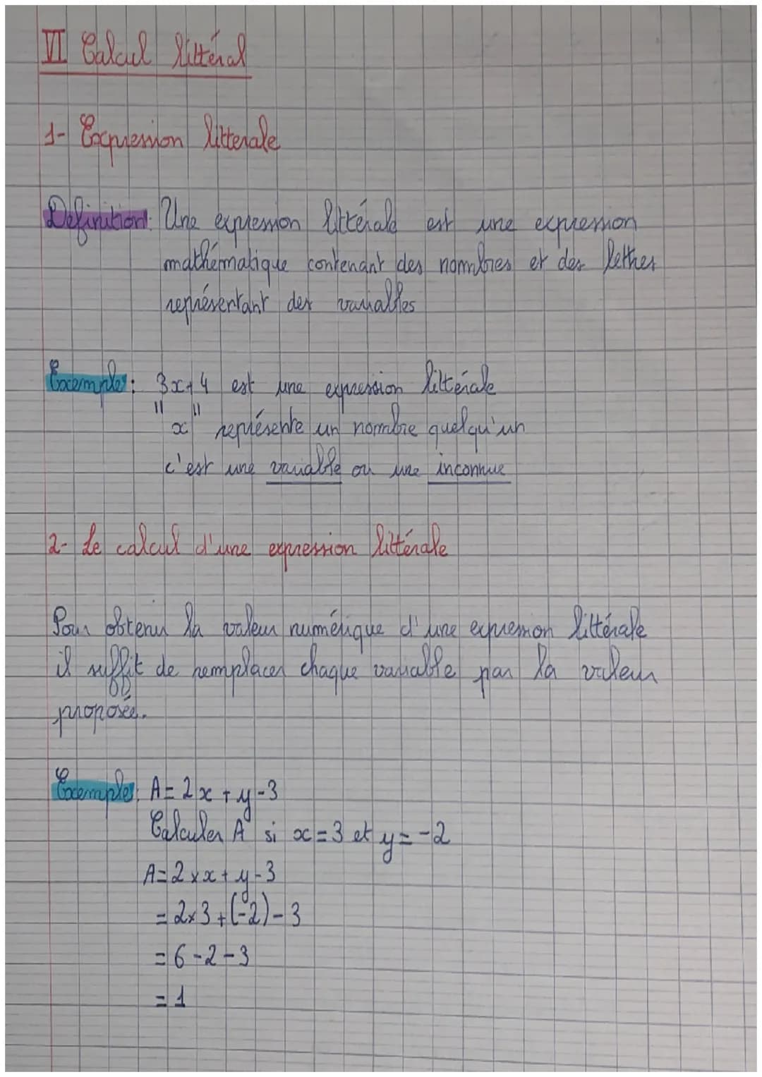 III Calcul littéral
1- Expression litterale
Definitions Une expresion latérale est une expression
mathématique contenant des nombres et des 