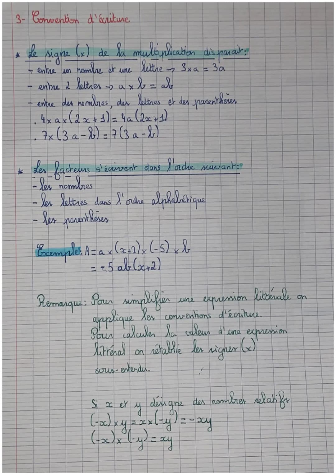 III Calcul littéral
1- Expression litterale
Definitions Une expresion latérale est une expression
mathématique contenant des nombres et des 