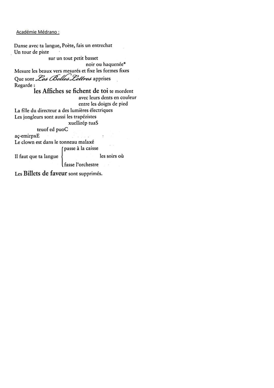 Lecture Linéaire
<< Académie Médrano » Du monde entier, Cendras
Intro :
<< Académie Médrano » est un poème tirer du recueil Sonnet dénaturés
