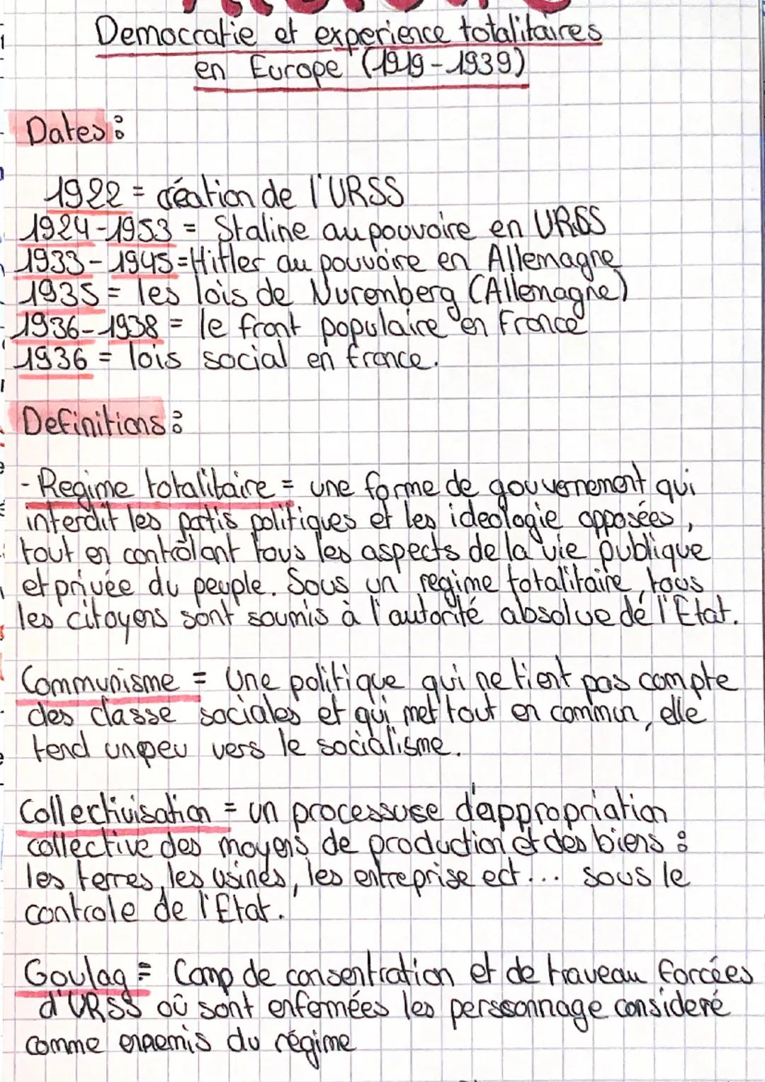 Democratie et experience totalitaires
en Europe (1919-1939)
- Dates:
}
7
1922 = réation de l'URSS
1924-1953 = Staline au pouvoire en URSS
19