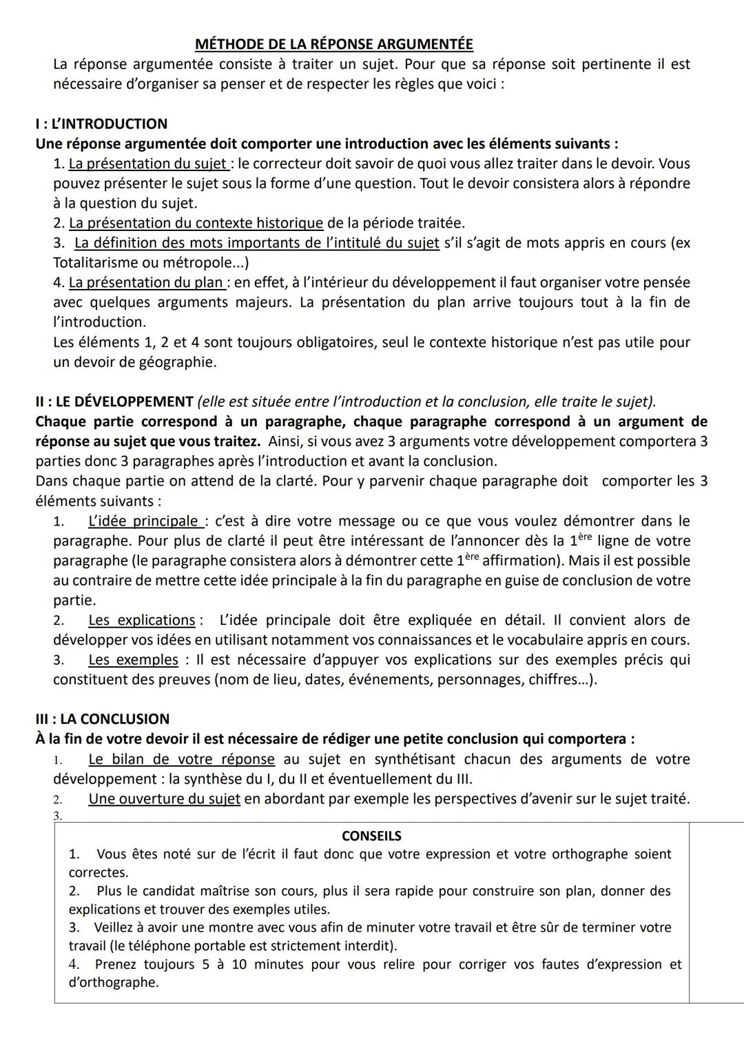 METHODOLOGIE : Réponse argumentée