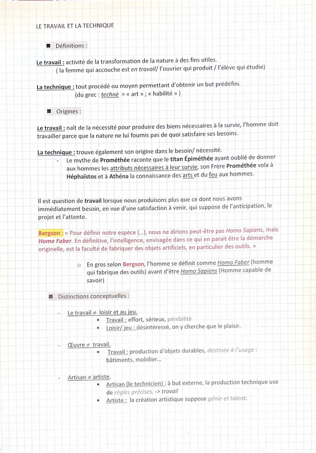 Fiche de Philosophie : Le travail et la technique pour Terminale