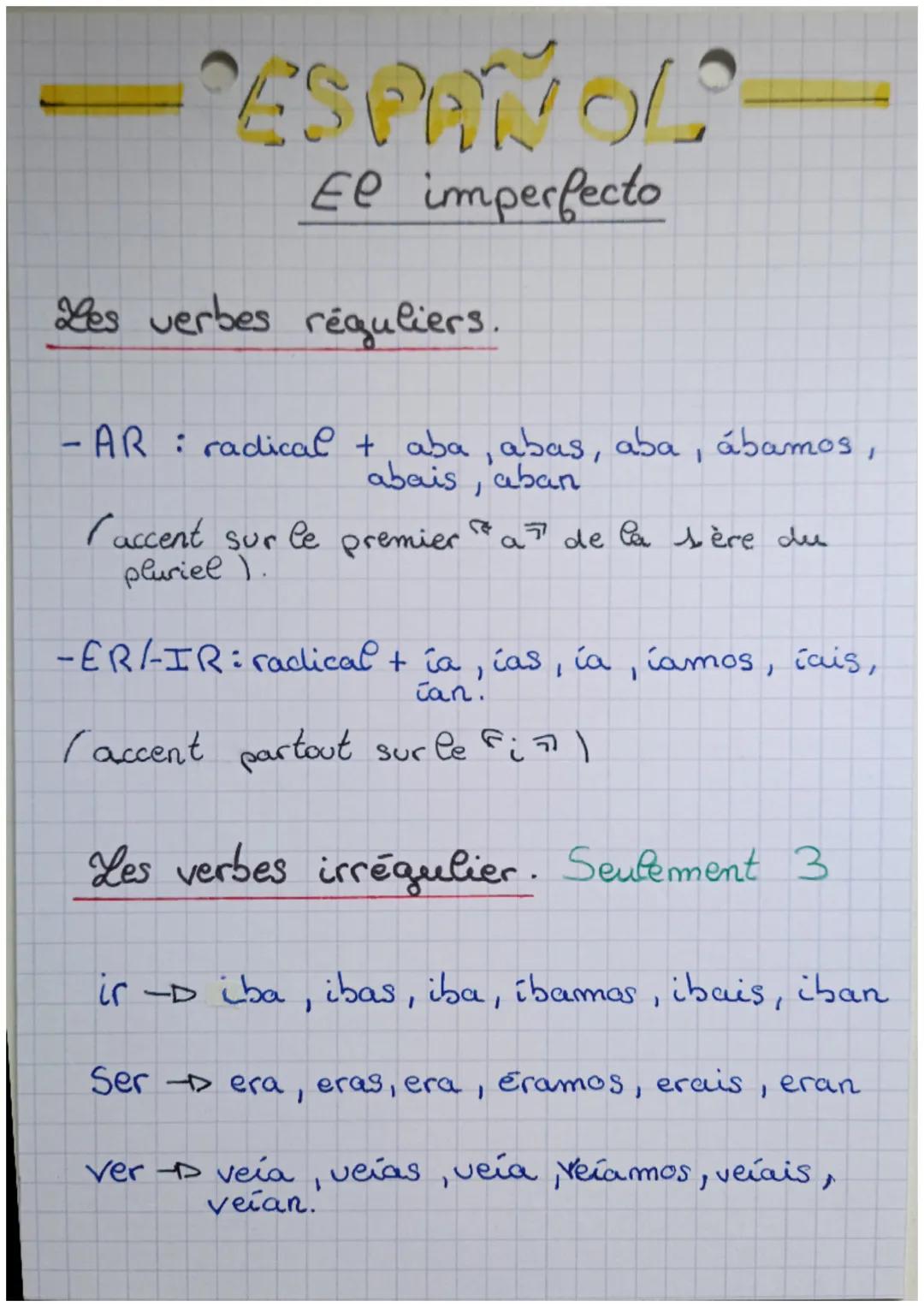 # ESPAÑOL
El imperfecto

Les verbes réguliers.

- AR : radical + aba, abas, aba, ábamos,
abais, aban

(accent sur le premier "a" de la 1ère 