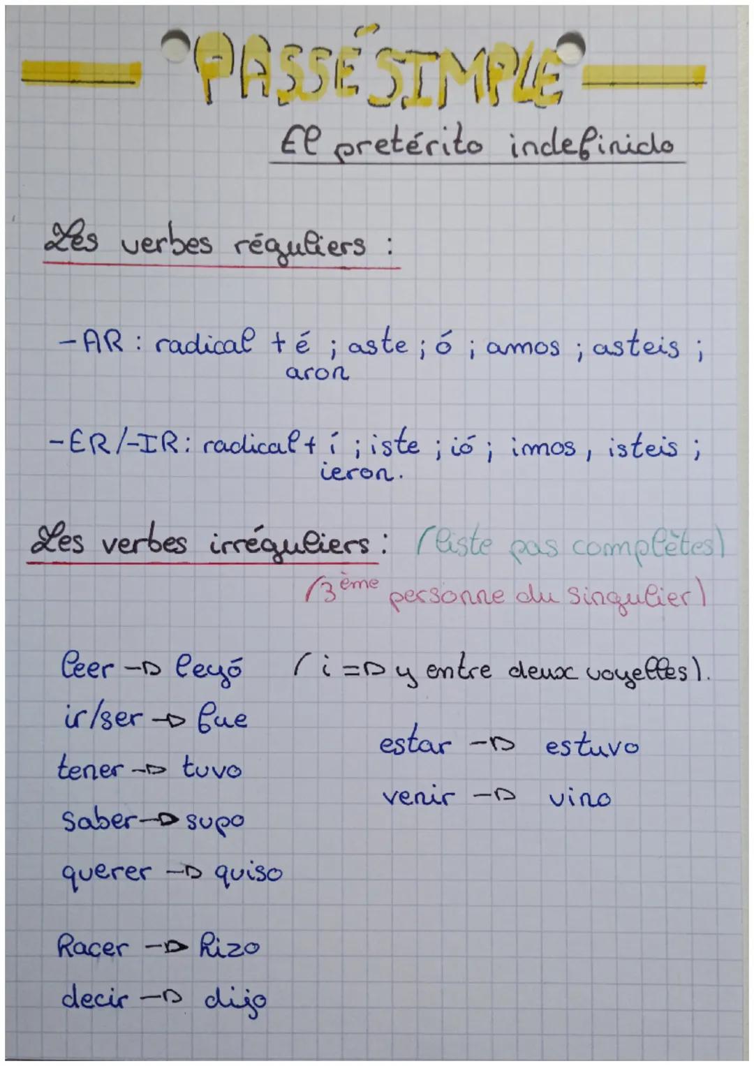 # ESPAÑOL
El imperfecto

Les verbes réguliers.

- AR : radical + aba, abas, aba, ábamos,
abais, aban

(accent sur le premier "a" de la 1ère 