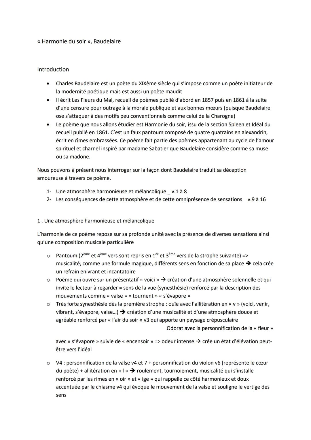 << Harmonie du soir », Baudelaire
Introduction
●
●
Nous pouvons à présent nous interroger sur la façon dont Baudelaire traduit sa déception
