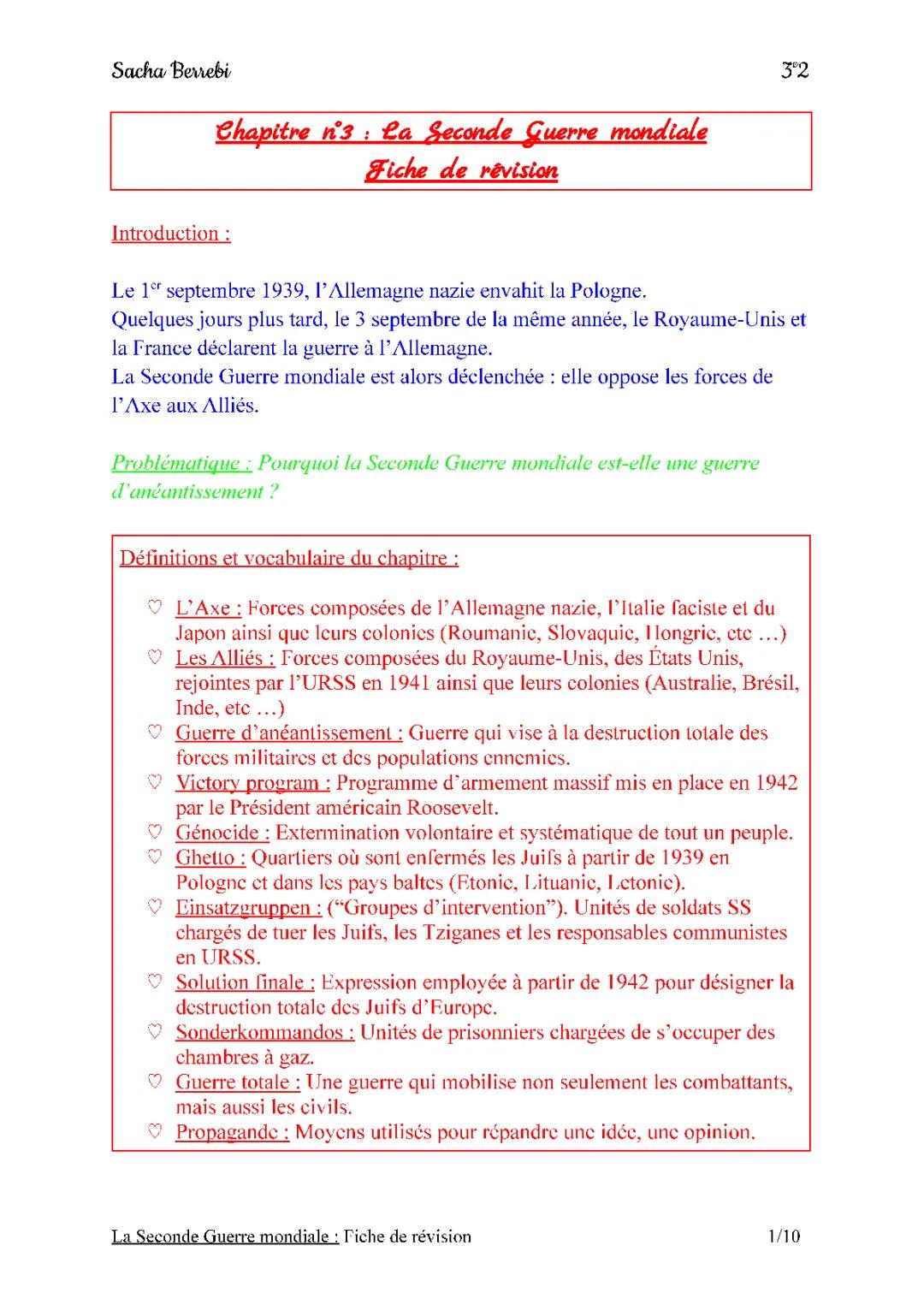 Cours et Résumé de la Seconde Guerre mondiale pour la 3ème - PDF