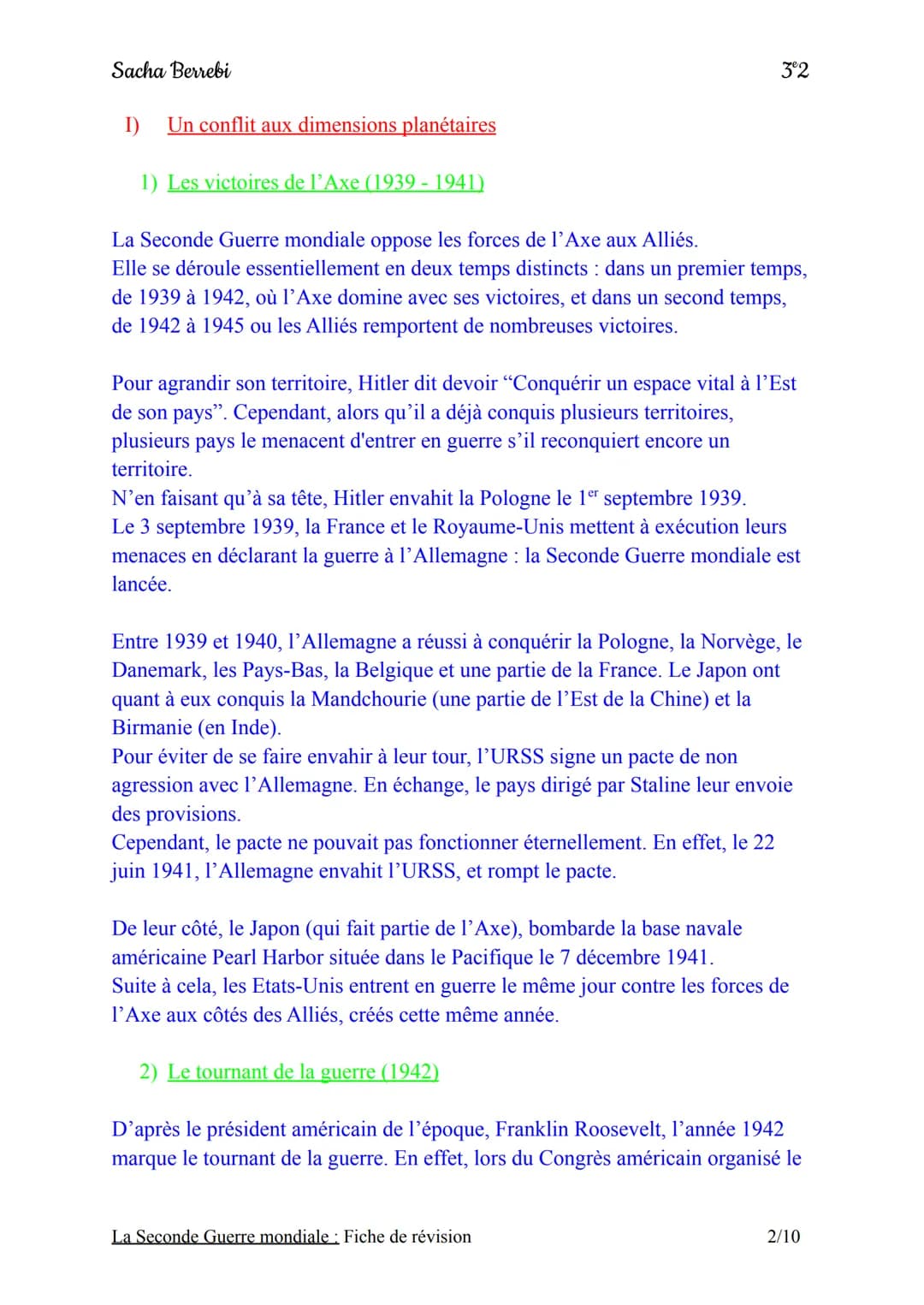 Sacha Berrebi
Chapitre n°3: La Seconde Guerre mondiale
Fiche de révision
Introduction:
Le 1er septembre 1939, l'Allemagne nazie envahit la P