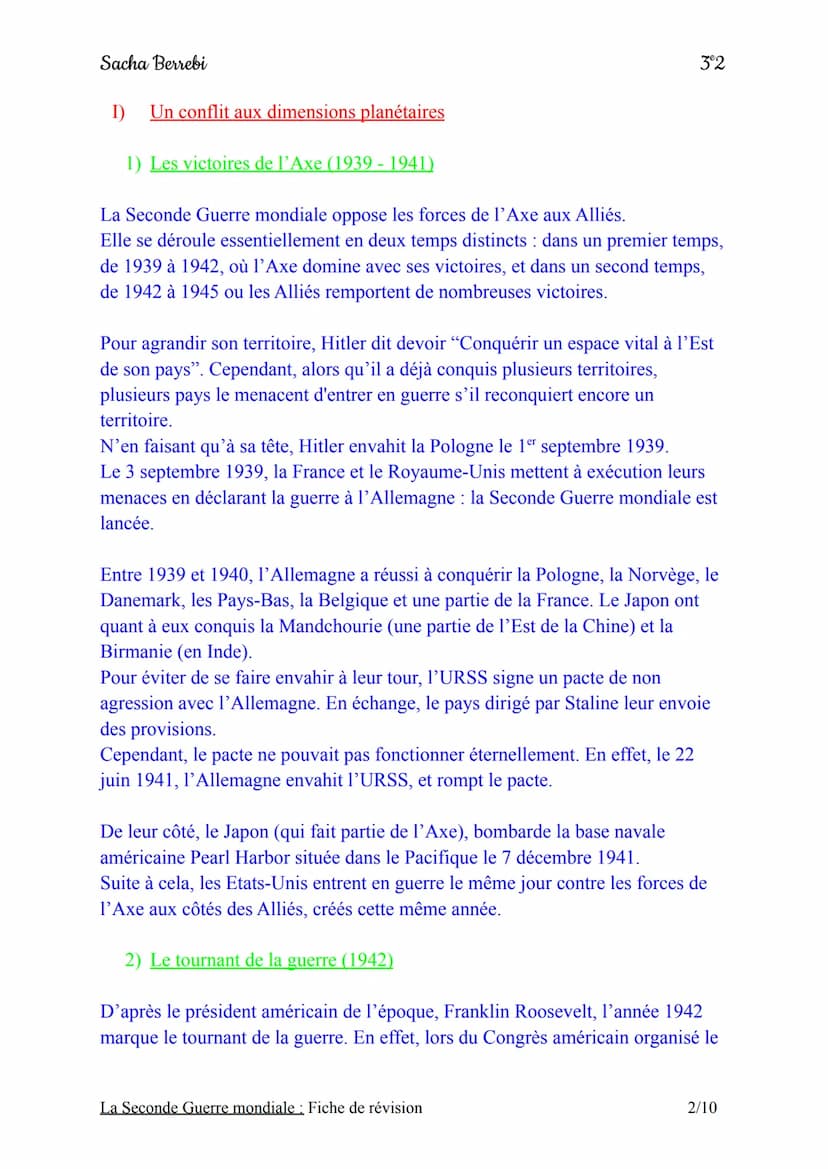 Sacha Berrebi
Chapitre n°3: La Seconde Guerre mondiale
Fiche de révision
Introduction:
Le 1er septembre 1939, l'Allemagne nazie envahit la P