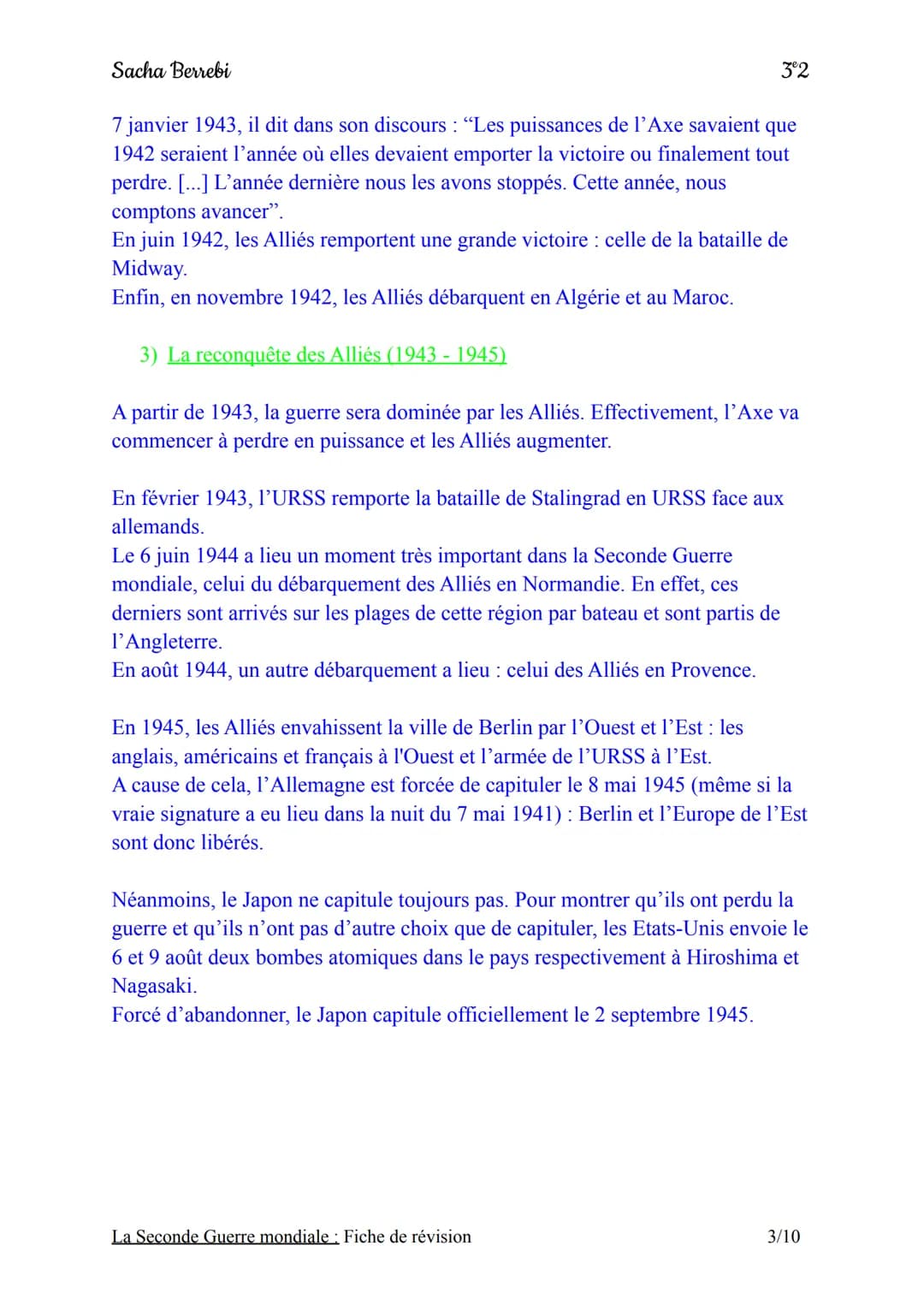 Sacha Berrebi
Chapitre n°3: La Seconde Guerre mondiale
Fiche de révision
Introduction:
Le 1er septembre 1939, l'Allemagne nazie envahit la P