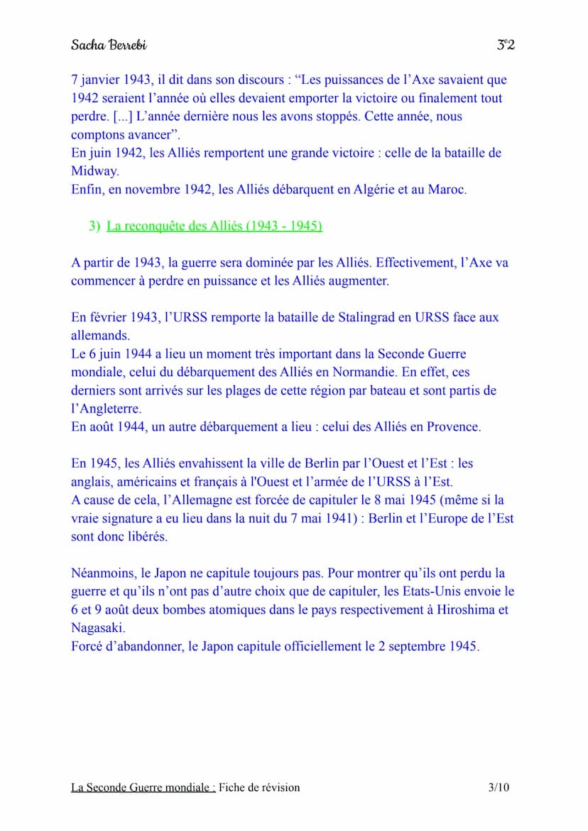 Sacha Berrebi
Chapitre n°3: La Seconde Guerre mondiale
Fiche de révision
Introduction:
Le 1er septembre 1939, l'Allemagne nazie envahit la P