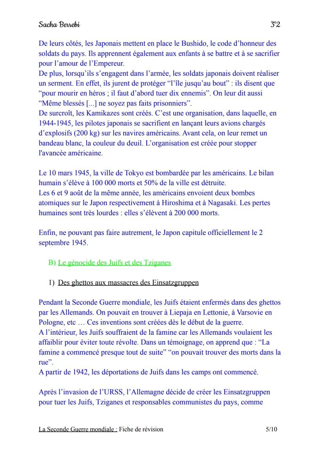 Sacha Berrebi
Chapitre n°3: La Seconde Guerre mondiale
Fiche de révision
Introduction:
Le 1er septembre 1939, l'Allemagne nazie envahit la P