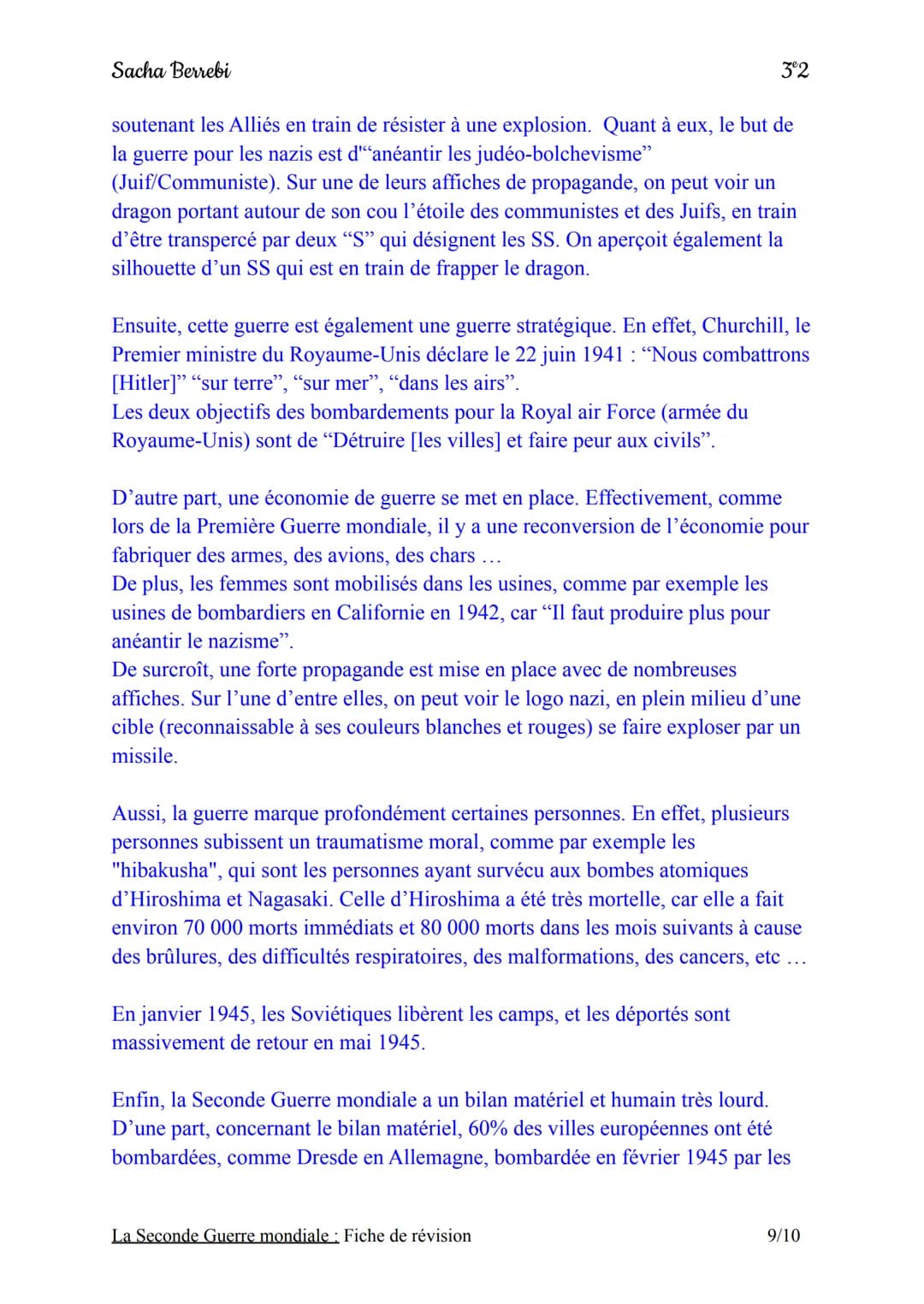 Sacha Berrebi
Chapitre n°3: La Seconde Guerre mondiale
Fiche de révision
Introduction:
Le 1er septembre 1939, l'Allemagne nazie envahit la P