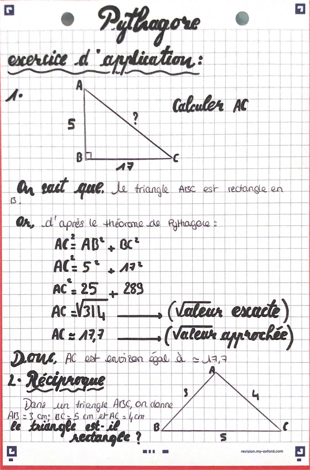 # Pythagore
exercice d'application:

A
Calculer AC

?

5

B
C
17

B
On sait que. Je triangle ABC est rectangle en

Or, d'après le theoreme d