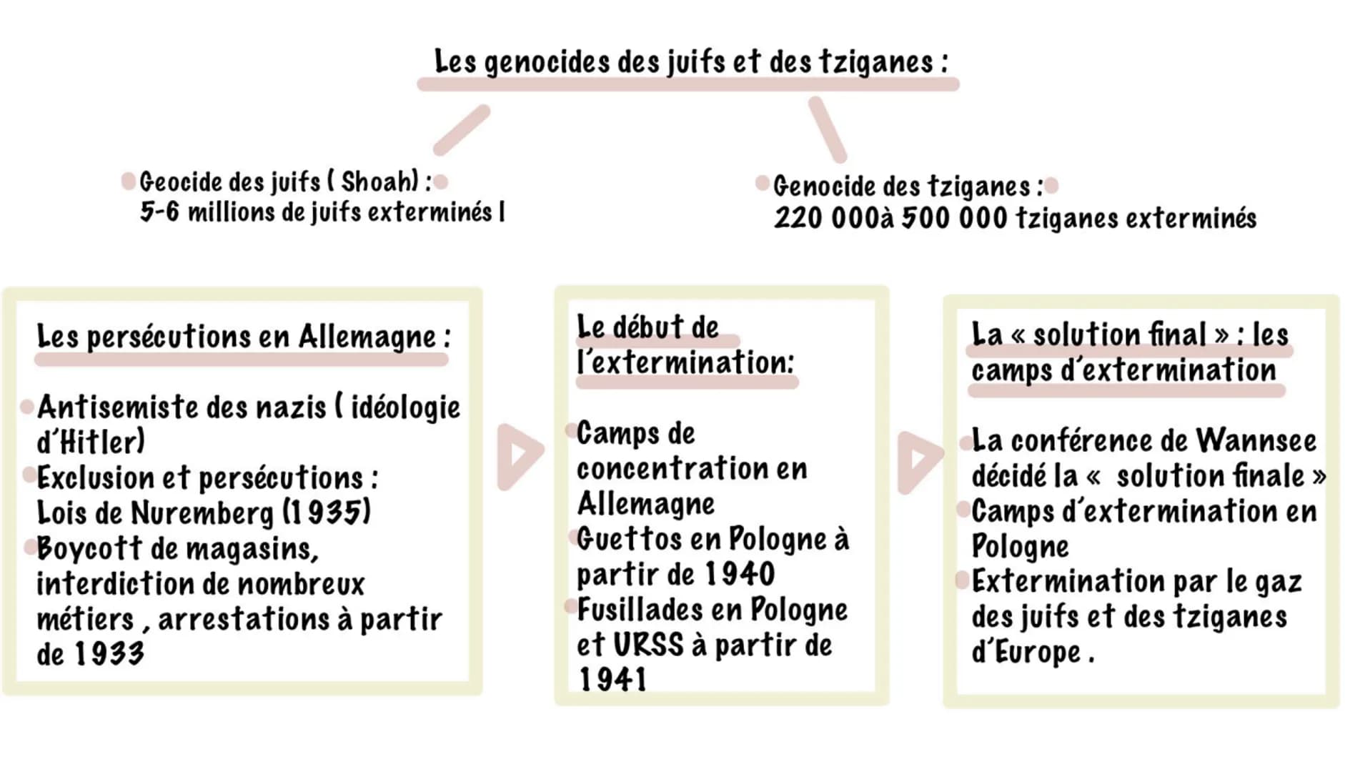 Les genocides des juifs et des tziganes:
Geocide des juifs (Shoah):
5-6 millions de juifs exterminés I
Les persécutions en Allemagne :
Antis