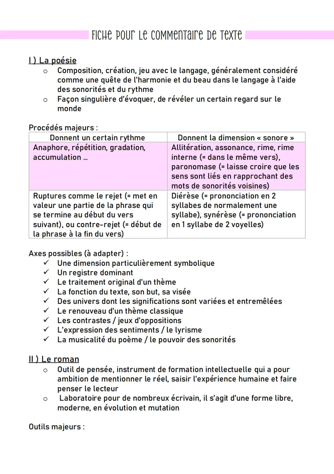 1) La poésie
○
о
FICHE POUR LE Commentaire de TEXTE
Composition, création, jeu avec le langage, généralement considéré
comme une quête de l'
